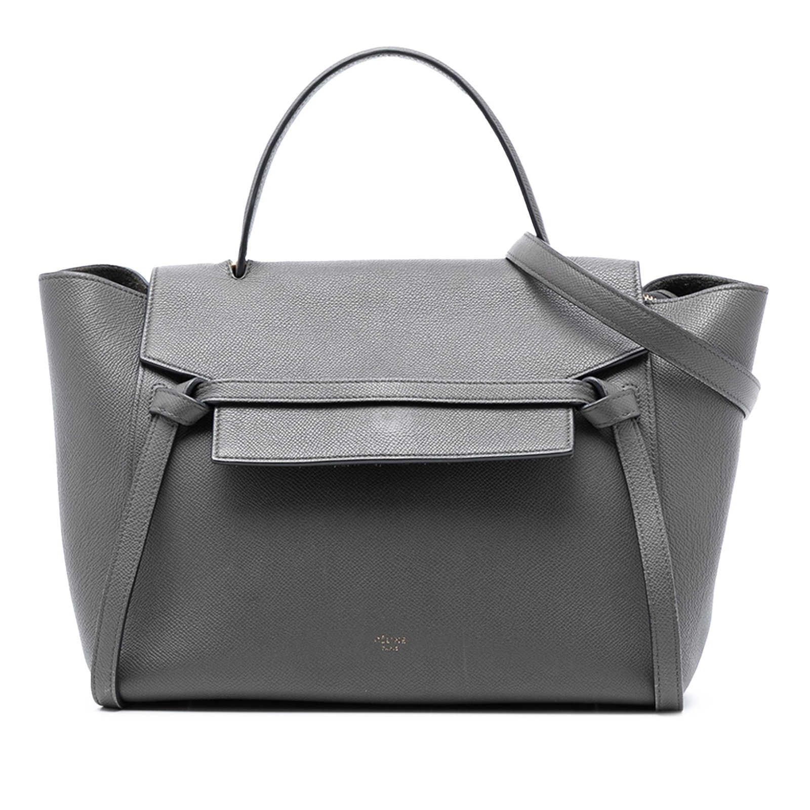 Celine Mini Belt Bag in Grained Leather with Top Handle and Strap: Celine Mini Belt Bag in Grained Leather with Top Handle and Strap This Celine Mini Grained Calfskin Belt Bag is crafted from gray leather and features a flat leather top handle, a detachable flat leat