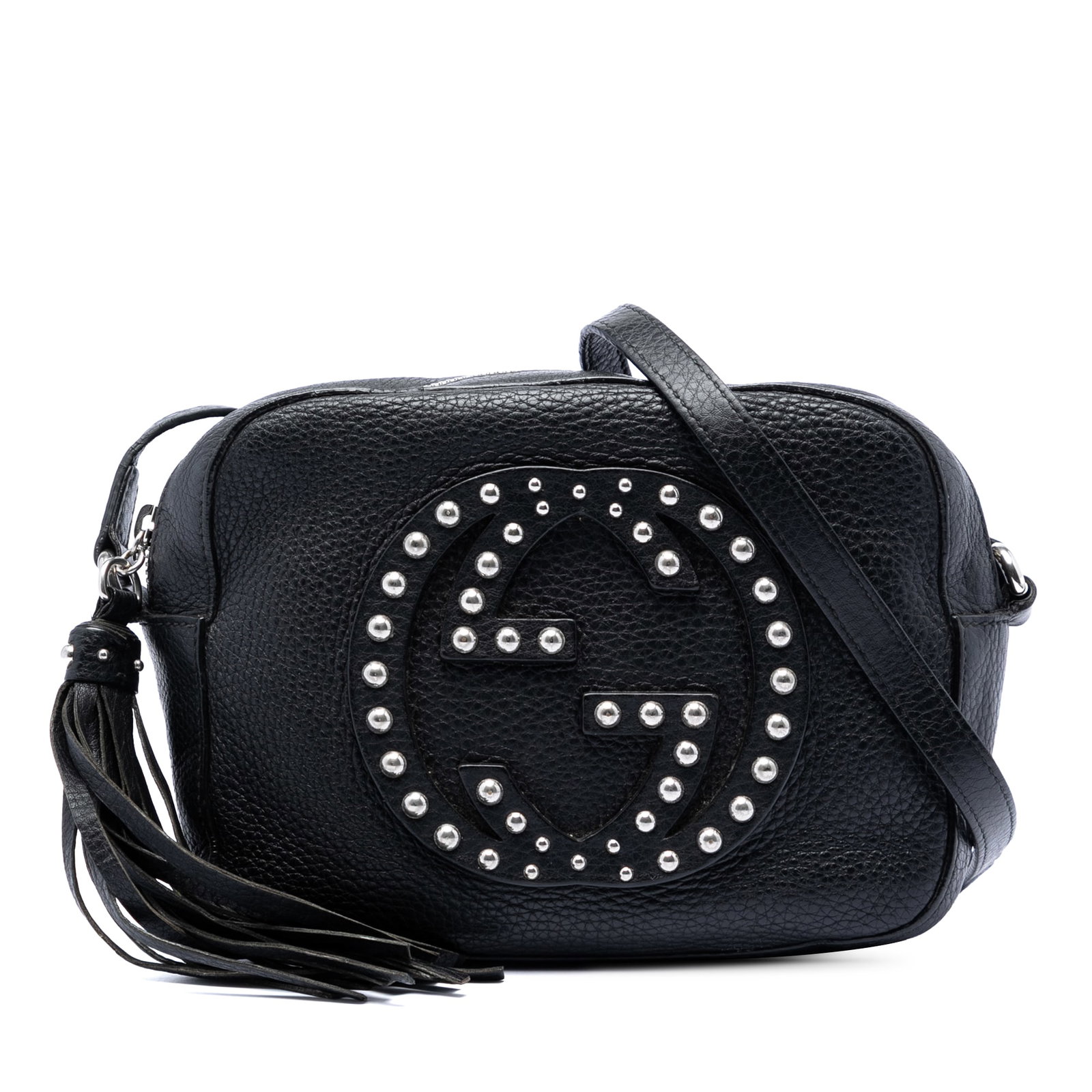 Gucci Soho Disco black leather studded crossbody bag: Gucci Soho Disco black leather studded crossbody bag This Gucci Studded Calfskin Soho Disco Crossbody bag features a black leather body adorned with stud details, an adjustable flat leather strap, a t