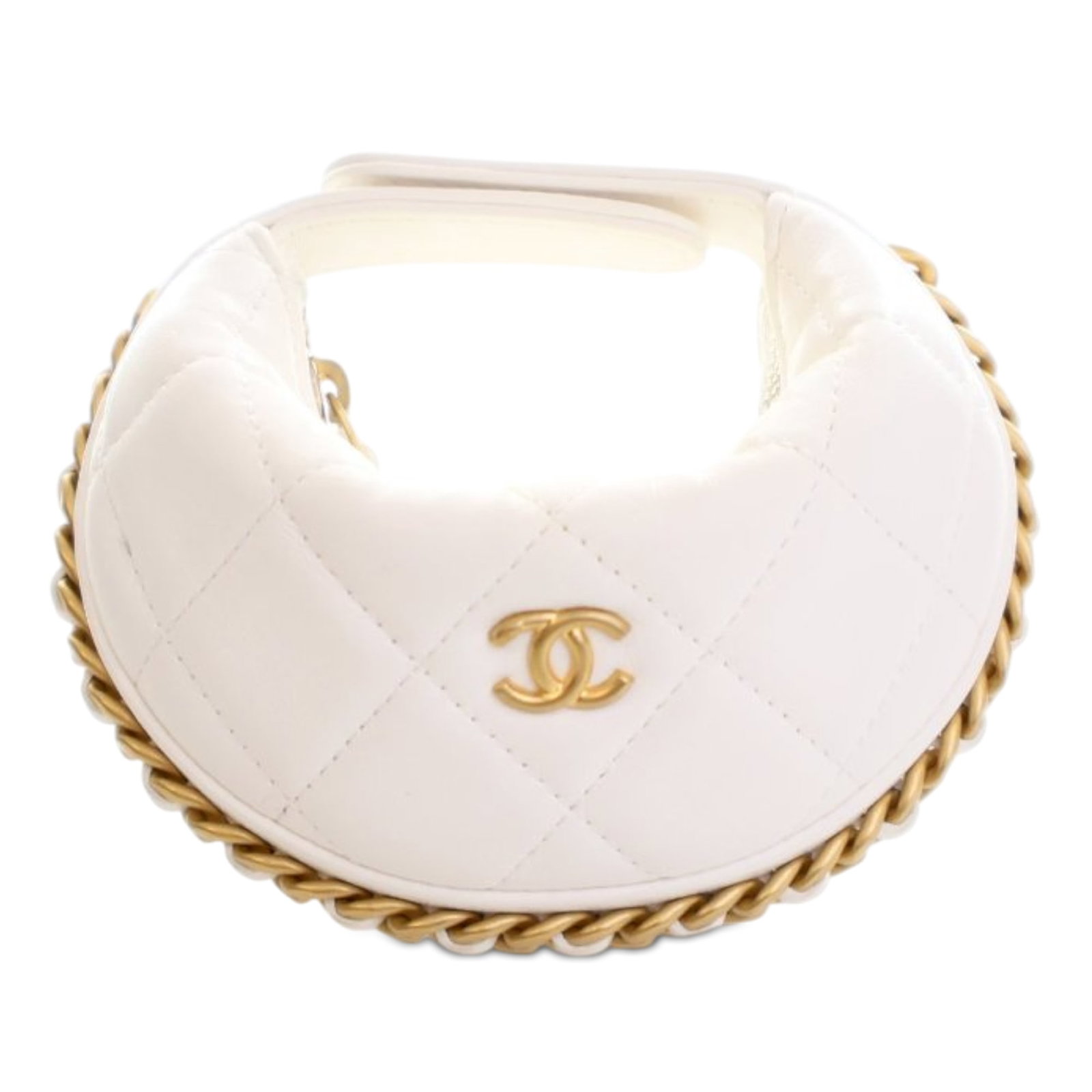 Mini White Quilted Lambskin Bag with Chain Detail by Chanel: Mini White Quilted Lambskin Bag with Chain Detail by Chanel This Chanel Mini Shiny Crumpled Quilted Lambskin Chain Around Pouch features a quilted lambskin leather exterior with leather-woven chain ac