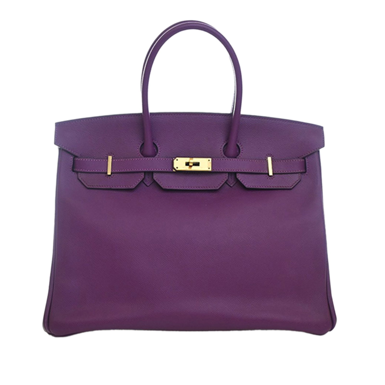Hermes Birkin 35 Epsom Leather Anemone Tote: Hermes Birkin 35 Epsom Leather Anemone Tote This Hermes Birkin Retourne 35 is crafted from Epsom leather in a striking Anemone purple shade. It features rolled leather handles, a front flap with a tur