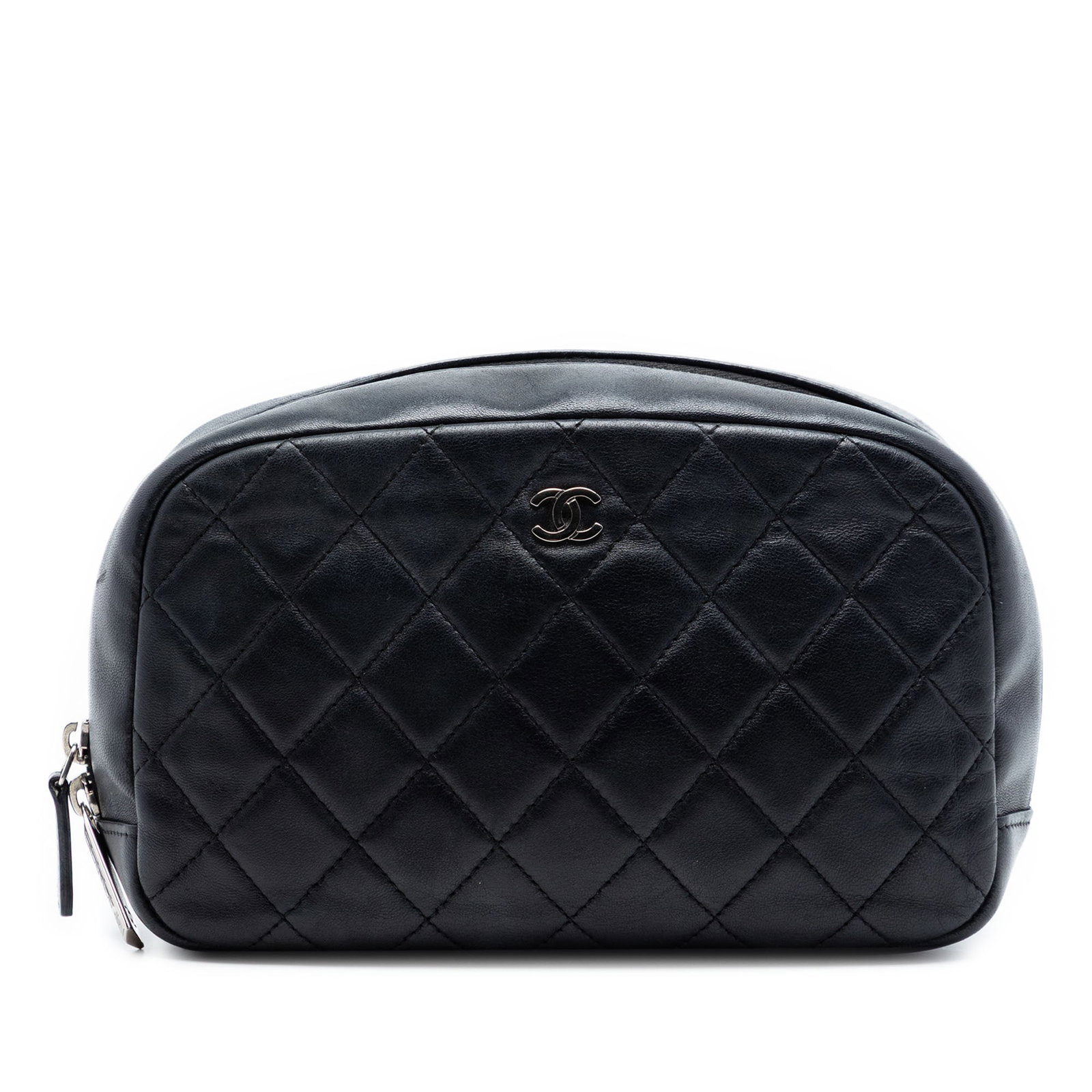 Chanel quilted patent leather cosmetic pouch: Chanel quilted patent leather cosmetic pouch This Chanel Medium Curvy Cosmetic Pouch is crafted from quilted patent leather in black. It features a top zip closure and interior slip pockets for organi