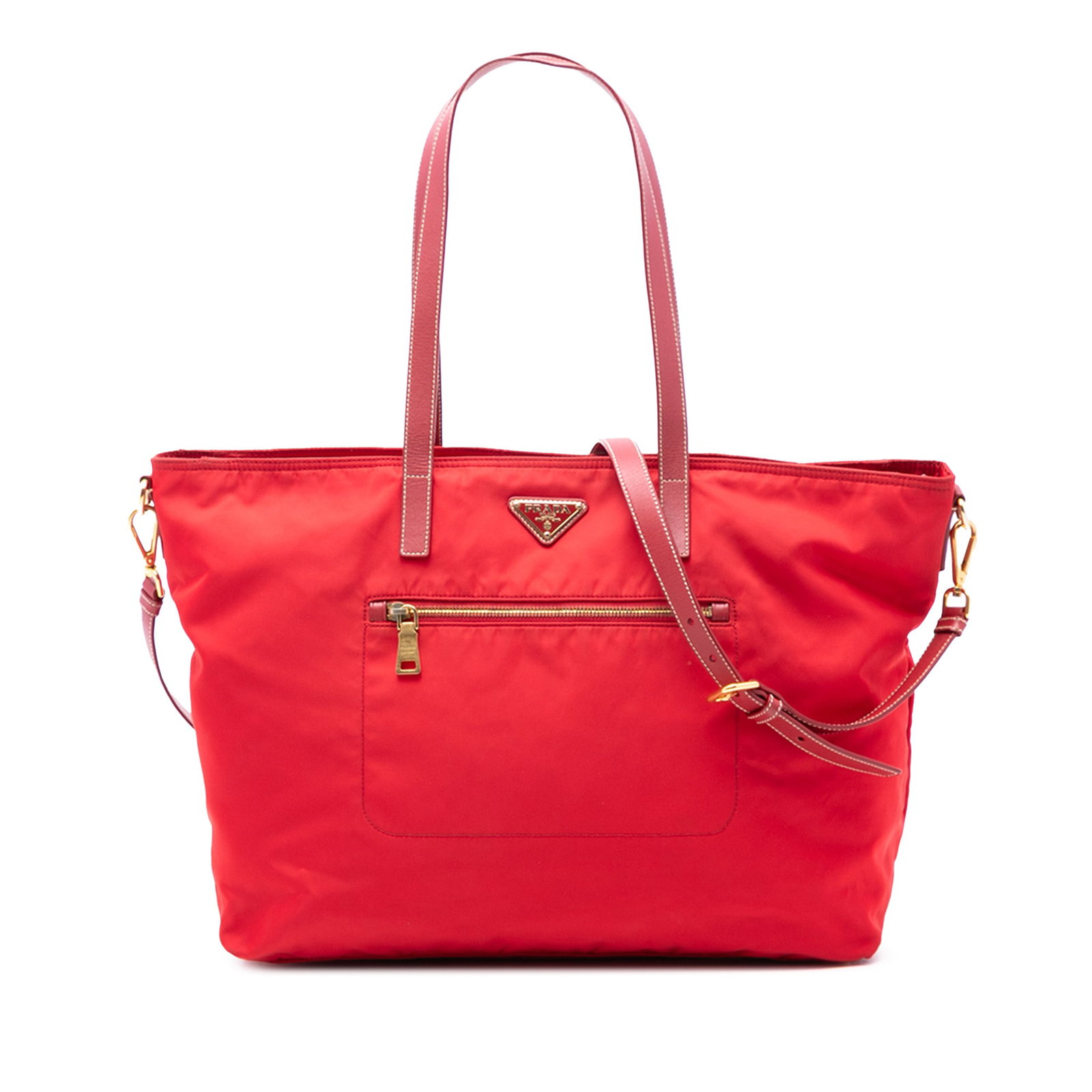 Prada Tessuto Red Nylon Satchel with Leather Straps and Zip Closure: Prada Tessuto Red Nylon Satchel with Leather Straps and Zip Closure This Prada Tessuto Satchel features a red nylon fabric body with flat leather straps and a detachable flat leather strap. The design