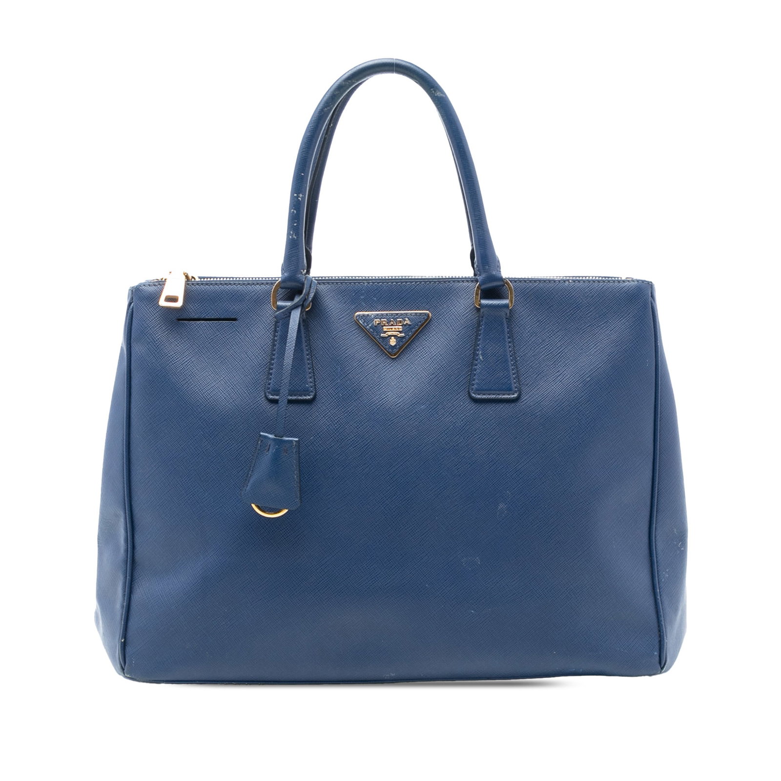 Large Prada Galleria Saffiano Leather Tote with Double Zip Compartments: Large Prada Galleria Saffiano Leather Tote with Double Zip Compartments This Prada Large Saffiano Lux Galleria Double Zip Tote is crafted from blue saffiano leather and features rolled handles, an ope