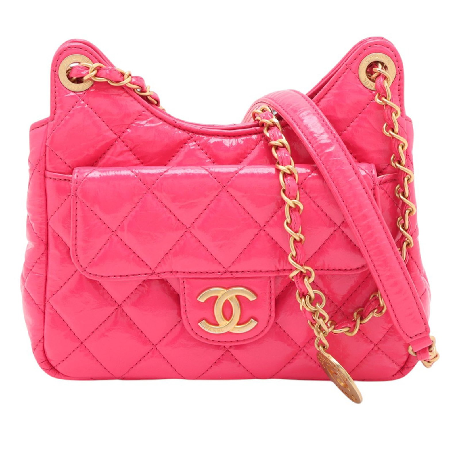 Chanel Wavy CC Hobo Pink Leather Medium: Chanel Wavy CC Hobo Pink Leather Medium This Chanel Medium Shiny Crumpled Calfskin Wavy CC Hobo features a shiny leather body with a distinctive wavy design, complemented by leather-woven chain link s