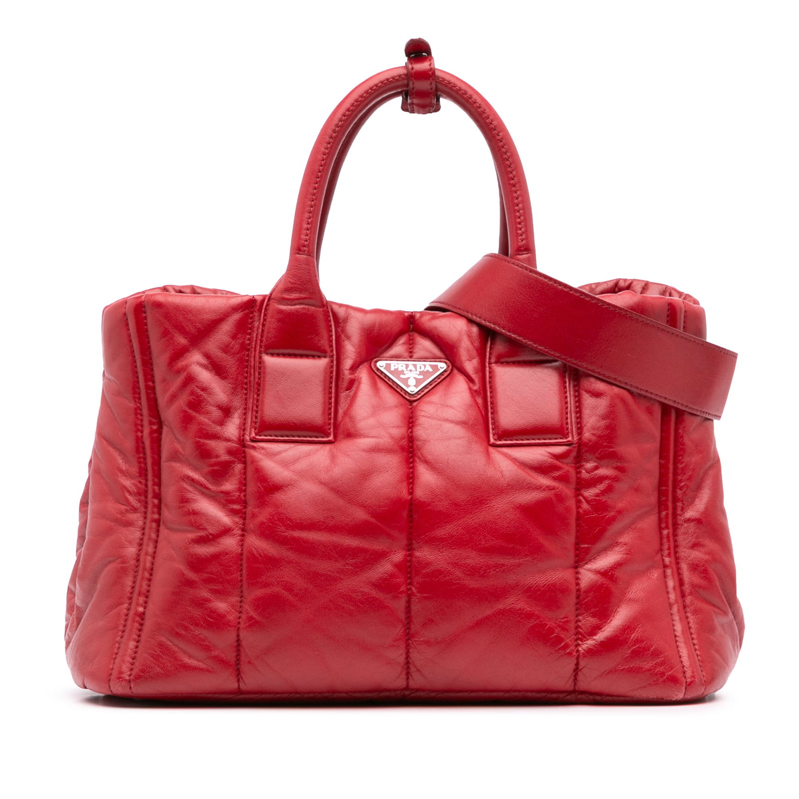 Prada Nappa Bomber Satchel Red Leather Adjustable Strap: Prada Nappa Bomber Satchel Red Leather Adjustable Strap Introducing the Prada Nappa Bomber Satchel, a stylish and practical accessory crafted from high-quality nappa leather. This satchel showcases a 