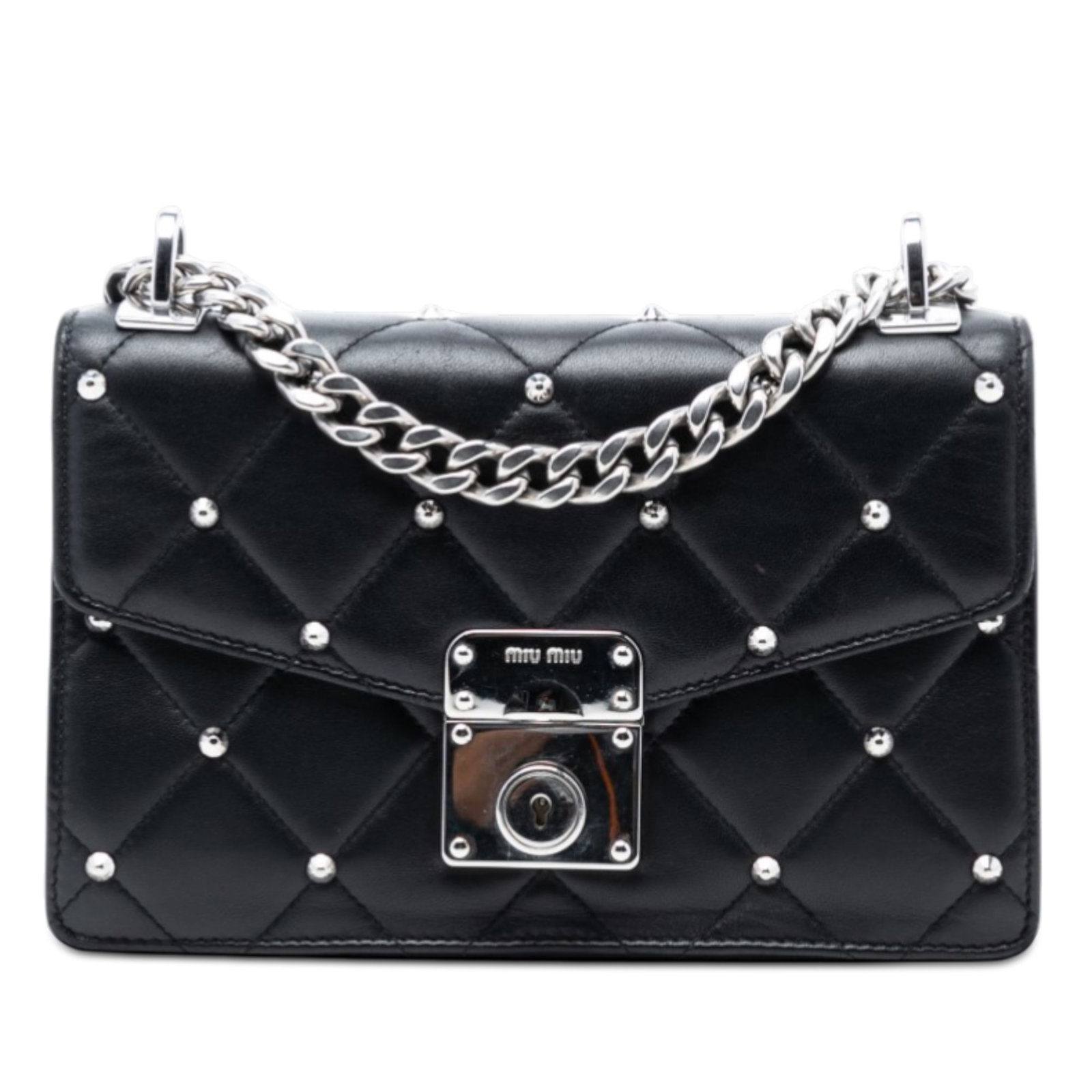 Black Leather Crossbody Bag with Studs by Miu Miu Matelasse: Black Leather Crossbody Bag with Studs by Miu Miu Matelasse This Miu Miu crossbody bag features a black quilted leather body with studded details, a chain-link strap with a leather guard, and a flap w