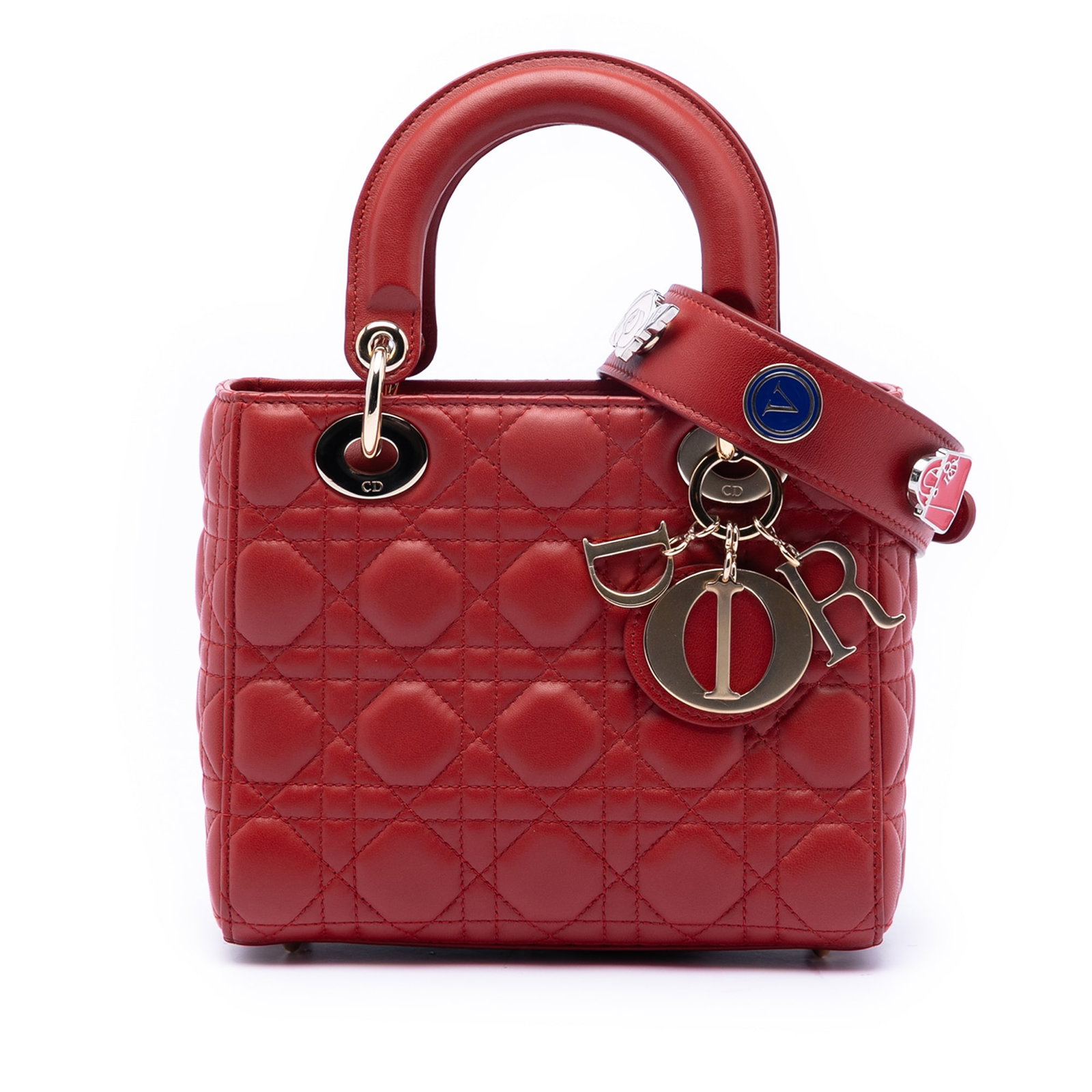 Dior Lady Dior Small Red Lambskin Cannage My ABCDior Handbag with Strap: Dior Lady Dior Small Red Lambskin Cannage My ABCDior Handbag with Strap This Lady Dior handbag features a quilted leather body with Cannage stitching, flat leather handles, a detachable flat leather s