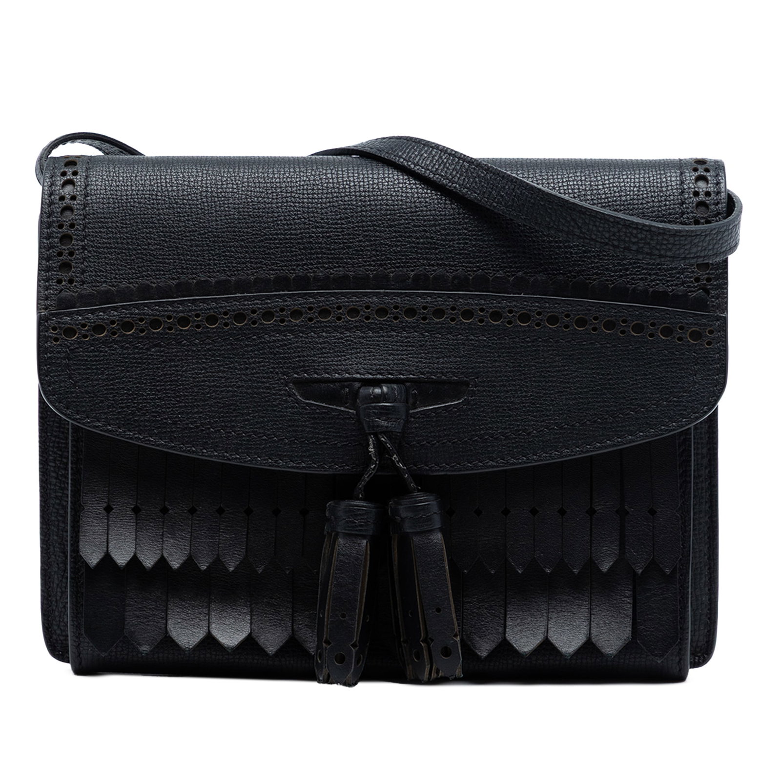 Burberry Macken Black Leather Crossbody with Fringe and Tassel Detail: Burberry Macken Black Leather Crossbody with Fringe and Tassel Detail This Burberry Small Grainy Calfskin Broguing Tassel Macken Crossbody bag features a black leather body with distinctive fringe and