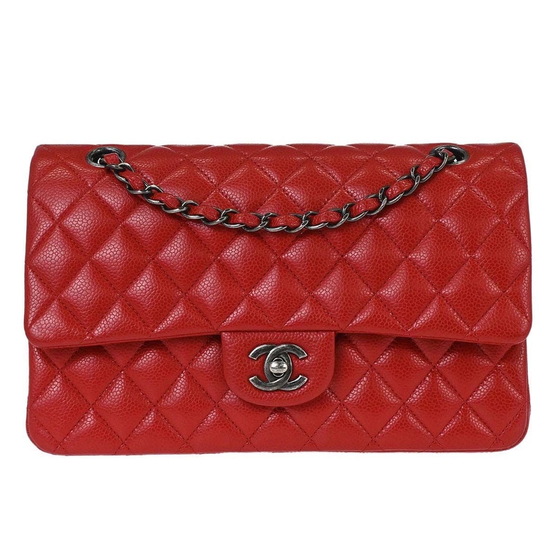 CHANEL Classic Flap Medium Red Calfskin Shoulder Bag: CHANEL Classic Flap Medium Red Calfskin Shoulder Bag This Chanel Medium Classic Double Flap Shoulder Bag is crafted from red calfskin leather with a signature matelasse pattern. The bag features a tur