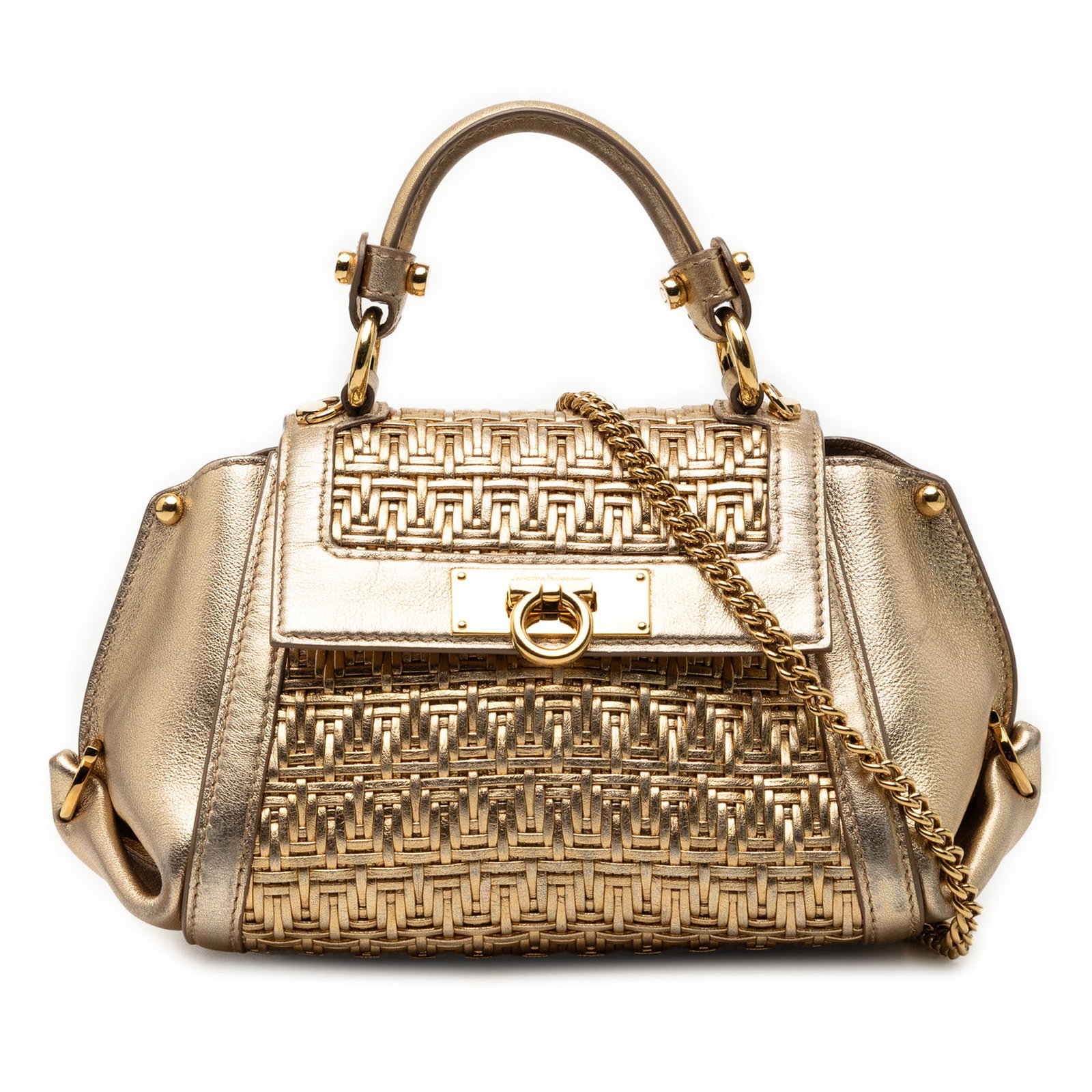 Ferragamo Gancini Sofia mini metallic woven leather satchel: Ferragamo Gancini Sofia mini metallic woven leather satchel This Ferragamo Mini Metallic Woven Leather Gancini Sofia Satchel showcases a woven leather body in a gold metallic finish. It features a fla