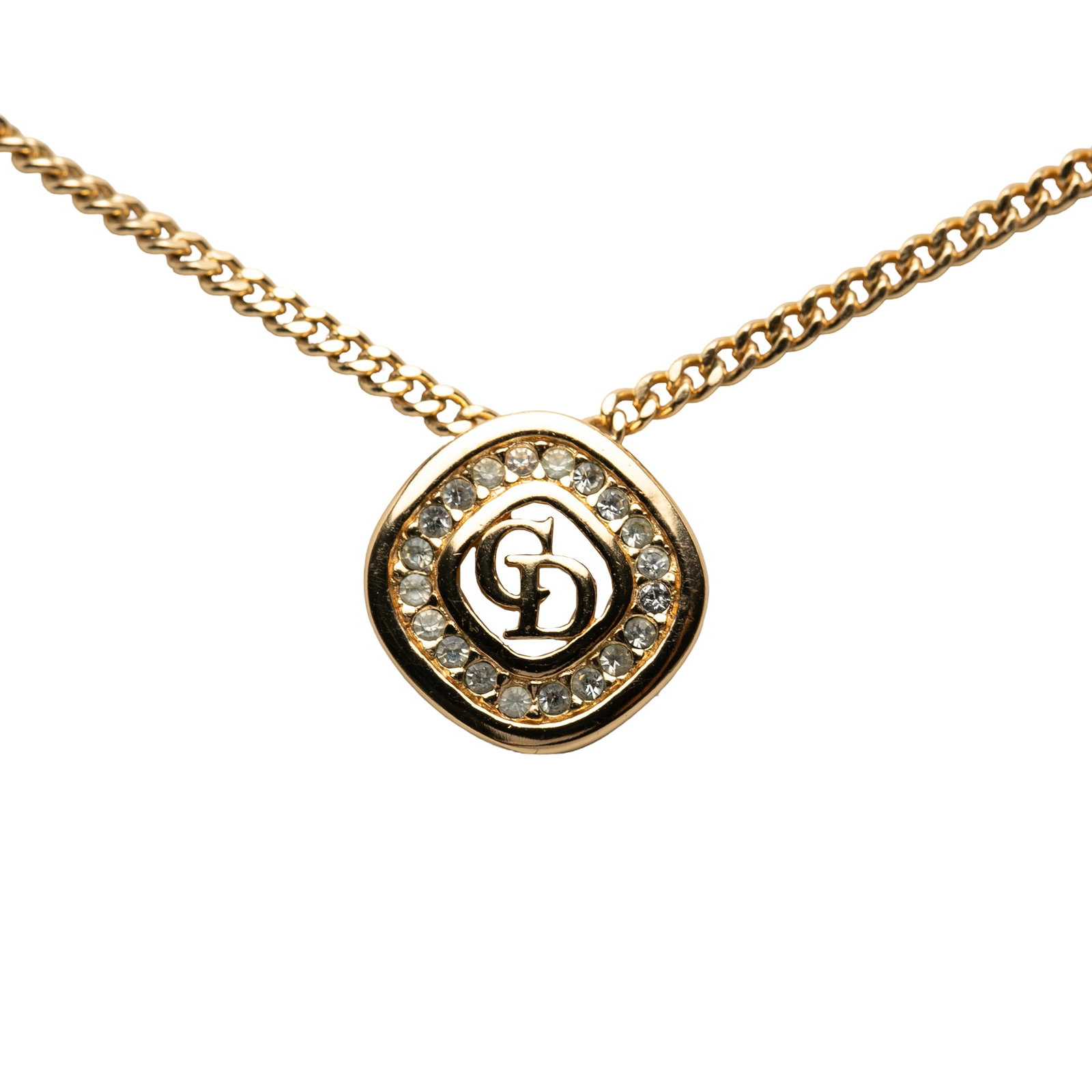Dior Crystal CD Diamond Pendant Necklace Gold Plated: Dior Crystal CD Diamond Pendant Necklace Gold Plated This Dior necklace features a gold-tone metal body and pendant adorned with crystal embellishments. It is designed with a spring ring closure and s