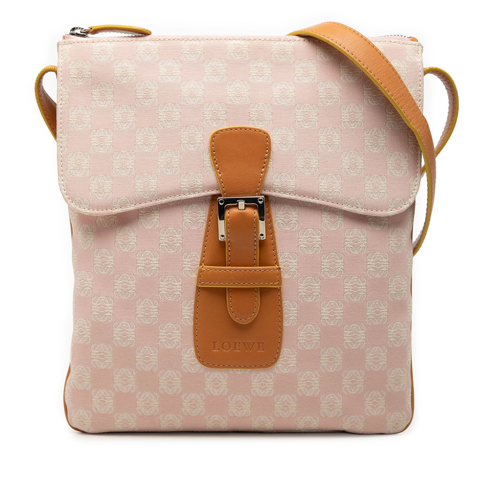 LOEWE Anagram Canvas Pink Crossbody Bag: LOEWE Anagram Canvas Pink Crossbody Bag This LOEWE Anagram Canvas Crossbody bag features a pink fabric body with leather trim, an adjustable flat leather shoulder strap, a top zip closure, a front fla