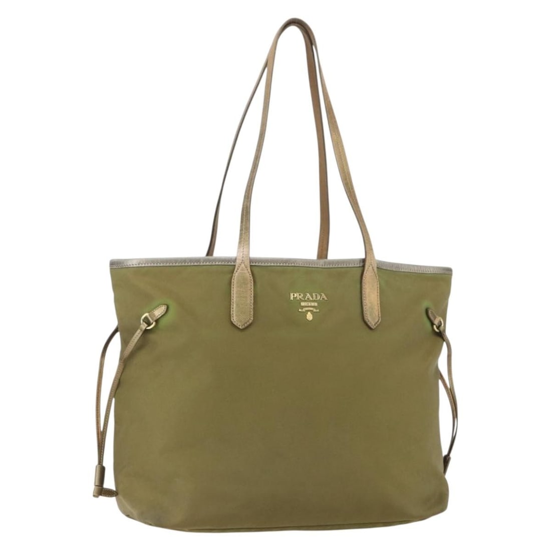 Prada nylon khaki gold women s handbag Italy 13.4 inch: Prada nylon khaki gold women s handbag Italy 13.4 inch This PRADA women's hand bag is crafted from durable nylon in a khaki and gold color combination, offering a versatile and stylish accessory. The 