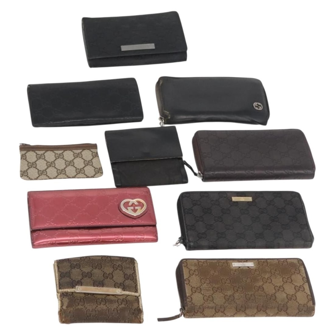 Gucci GG Canvas Beige Black Pink Leather Wallet Auth CB189: Gucci GG Canvas Beige Black Pink Leather Wallet Auth CB189 This is a set of ten Gucci GG Canvas and leather wallets in beige, black, and pink, designed for women. Made in Italy, these wallets feature 