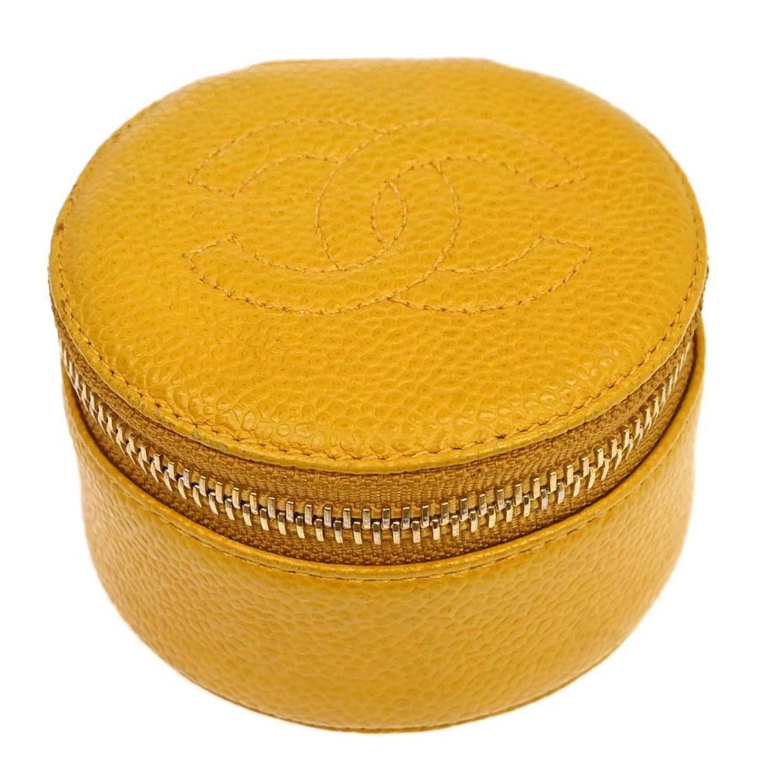 CHANEL Yellow Round Jewelry Box Caviar Skin: CHANEL Yellow Round Jewelry Box Caviar Skin This vintage Chanel jewelry case is crafted from durable yellow caviar calfskin leather and features a round shape. Made in Italy, it offers both style and 