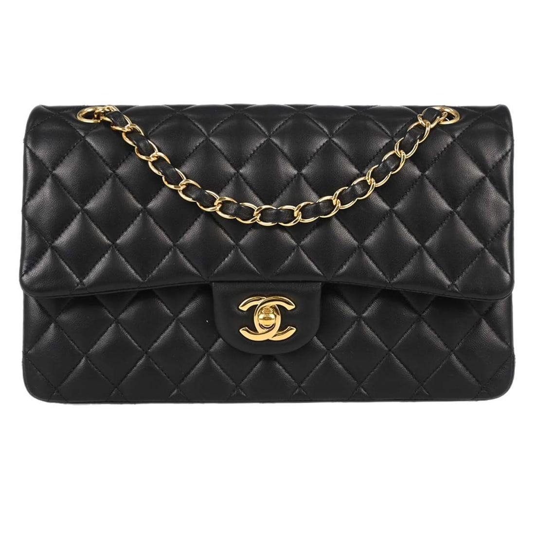 Chanel Classic Double Flap Black Lambskin Shoulder Bag Medium: Chanel Classic Double Flap Black Lambskin Shoulder Bag Medium This Chanel Classic Double Flap shoulder bag is crafted from luxurious black lambskin leather and features a medium size. The bag is desig
