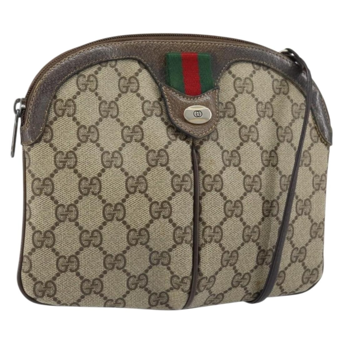 GUCCI GG Supreme Sherry Line Beige Gold Shoulder Bag PVC Auth 904 02 047: GUCCI GG Supreme Sherry Line Beige Gold Shoulder Bag PVC Auth 904 02 047 This GUCCI GG Supreme Web Sherry Line Shoulder Bag is crafted from durable PVC leather in a sophisticated beige and gold color 
