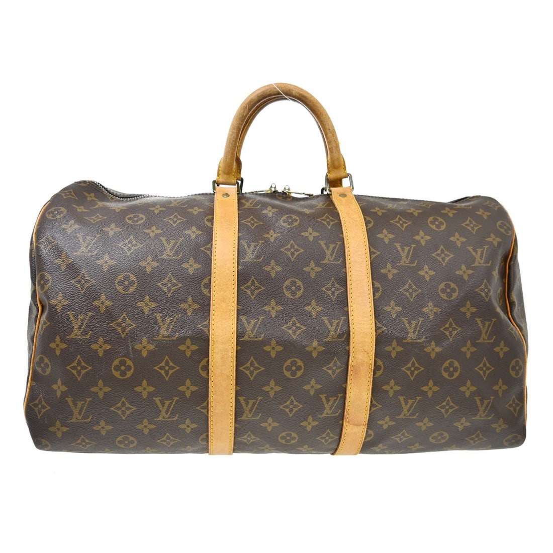 Louis Vuitton Keepall Monogram Canvas Travel Bag 50cm: Louis Vuitton Keepall Monogram Canvas Travel Bag 50cm This Louis Vuitton Keepall Bag features the iconic monogram canvas in brown, designed for unisex use. The bag shows visible signs of wear, includi