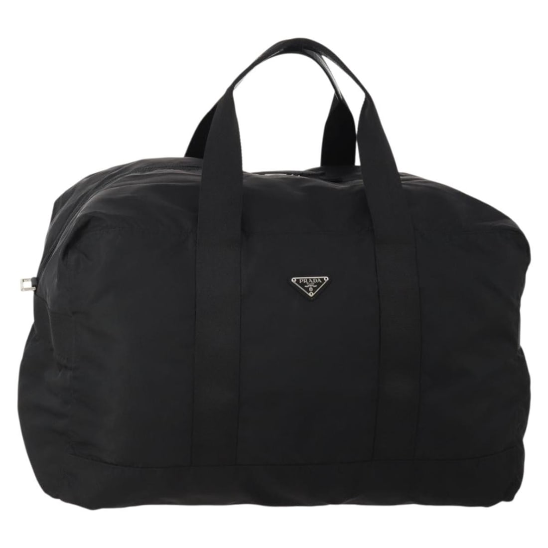 Prada Nylon Black Silver Boston Bag with Padlock Italy: Prada Nylon Black Silver Boston Bag with Padlock Italy This PRADA Boston Bag is crafted from durable black nylon with silver-tone accents. Designed for women, the bag features a spacious interior and 
