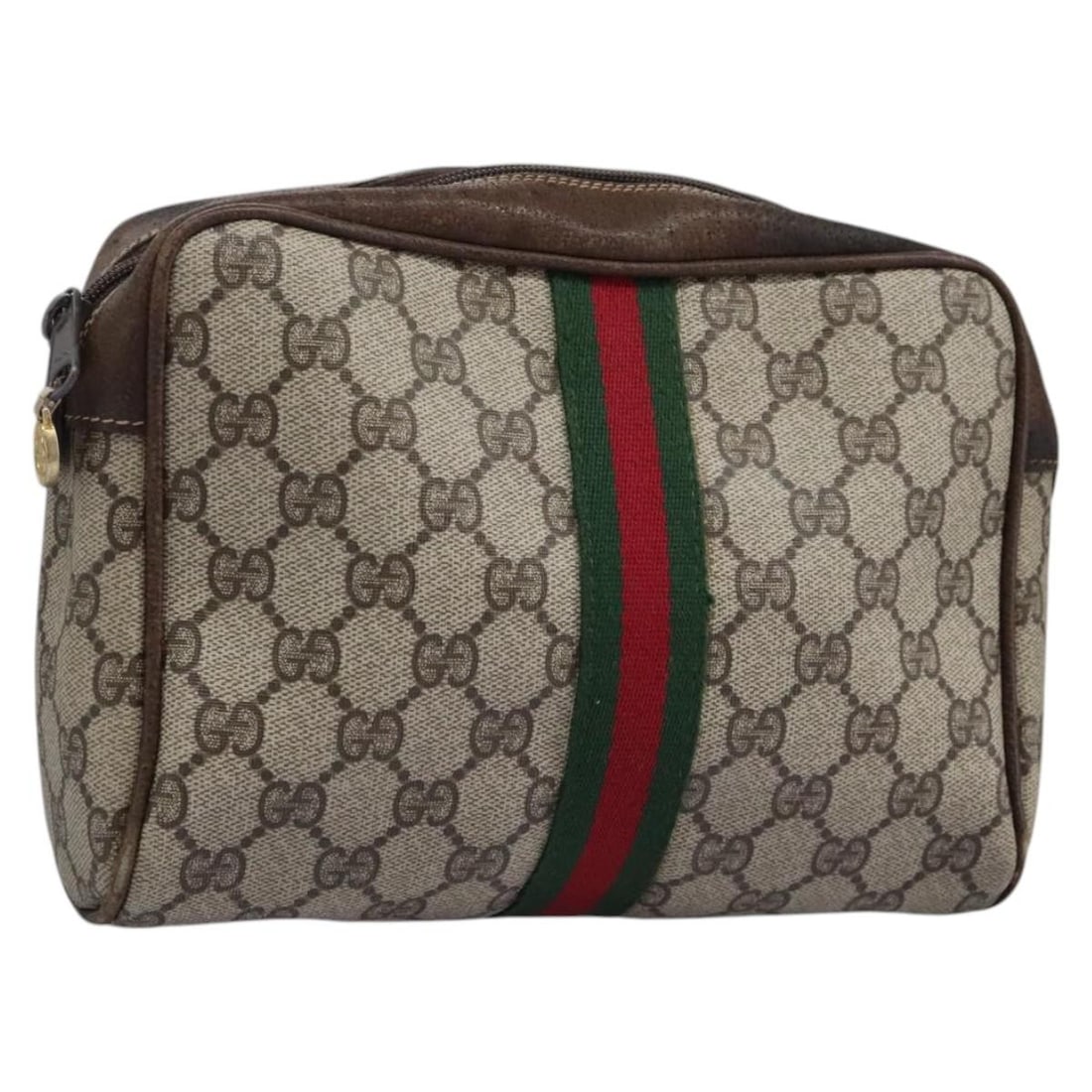Gucci GG Supreme Sherry Line Beige PVC Clutch with Red and Green Web: Gucci GG Supreme Sherry Line Beige PVC Clutch with Red and Green Web This GUCCI GG Supreme Web Sherry Line clutch bag features a beige, red, and green color scheme with the signature GG canvas and PVC