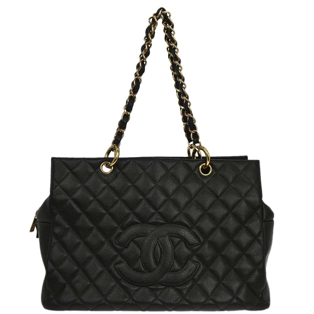 CHANEL Caviar Black Leather Top Handle Tote: CHANEL Caviar Black Leather Top Handle Tote This Chanel Black Calfskin Tote Bag features a spacious large size, crafted from luxurious caviar skin leather with a classic logo accent. The bag is design