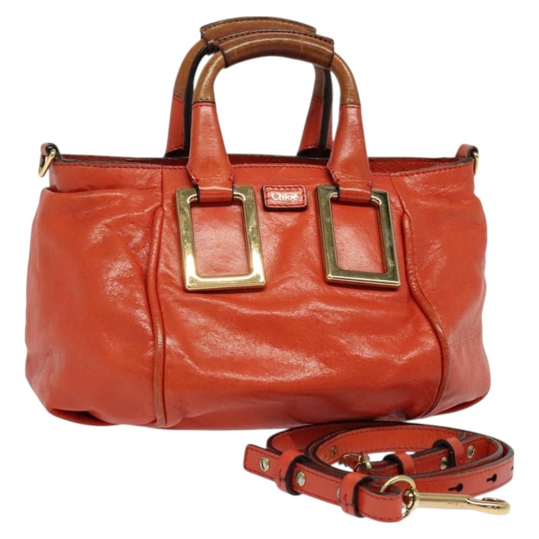 Chloe Etel Leather Hand Bag Orange Gold Auth 2way BA3578 (1 of 18)