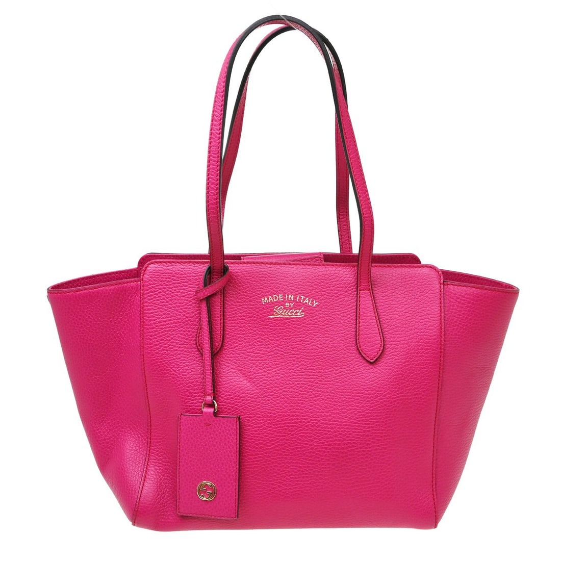 Gucci Pink Leather GG Tote Handbag: Gucci Pink Leather GG Tote Handbag This Gucci Swing GG tote handbag features a pink leather exterior and is designed in a medium size. The bag offers a classic tote style, crafted in Italy, and is sui