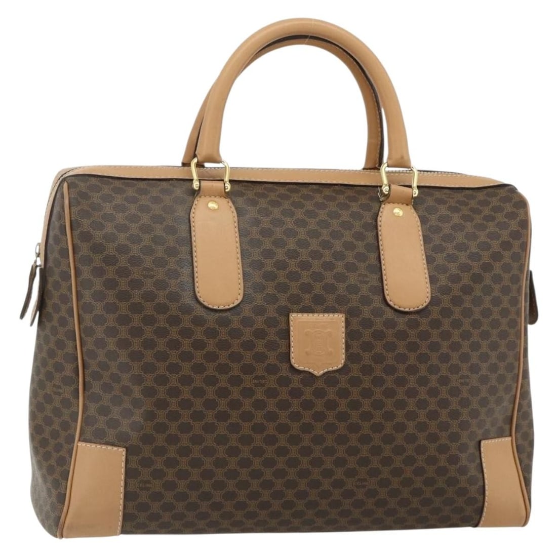 CELINE Macadam Canvas Brown Gold Boston Bag Italy: CELINE Macadam Canvas Brown Gold Boston Bag Italy This CELINE Boston Bag features the signature Macadam canvas combined with PVC leather in brown and gold tones. Designed for women, it offers a spacio