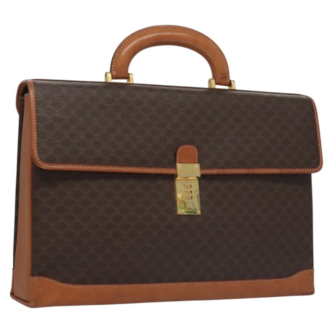 Celine Macadam Brown PVC Leather Women's Business Tote Bag Gold Hardware: Celine Macadam Brown PVC Leather Women's Business Tote Bag Gold Hardware This CELINE Macadam business bag features a brown and gold PVC leather and canvas exterior with the iconic Macadam pattern. Des