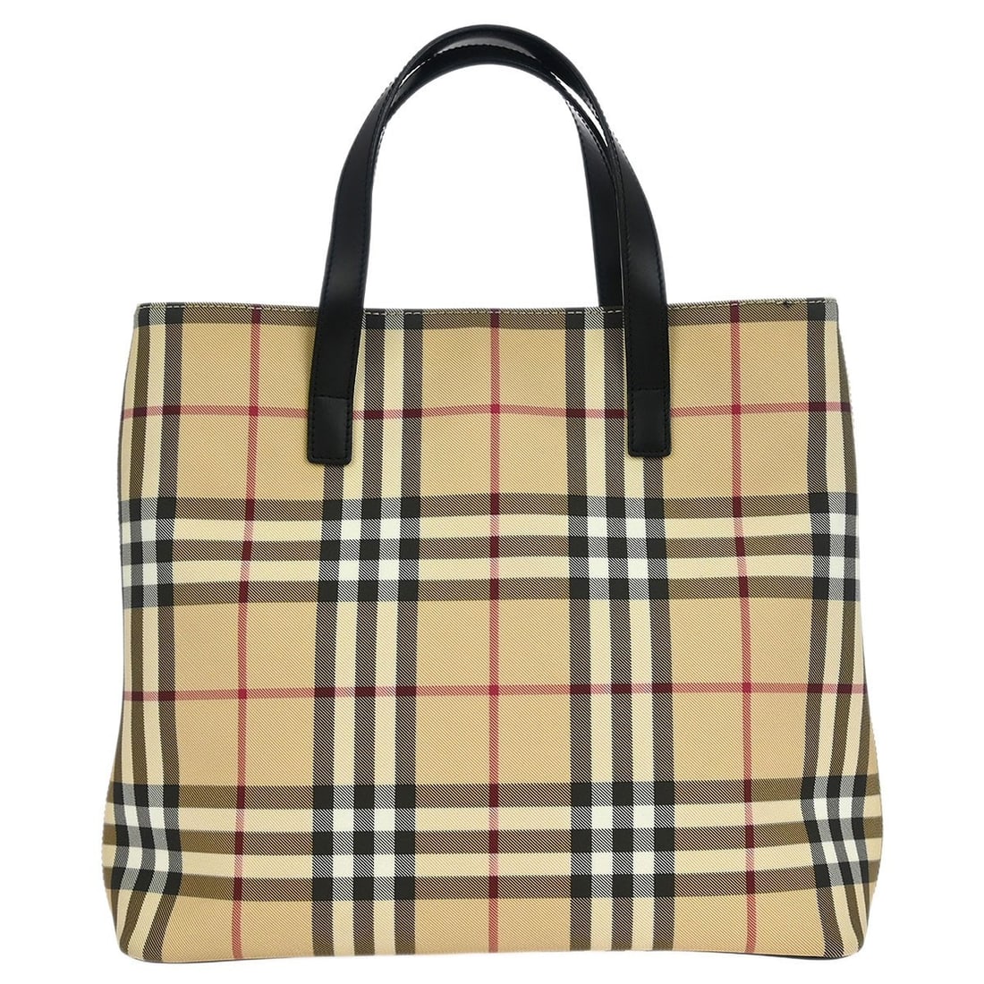 Burberry Beige Check PVC Tote Handbag with Black Leather Straps: Burberry Beige Check PVC Tote Handbag with Black Leather Straps This stylish Burberry Check Tote Handbag is perfect for casual outings. Featuring a classic check pattern, it is crafted from durable le