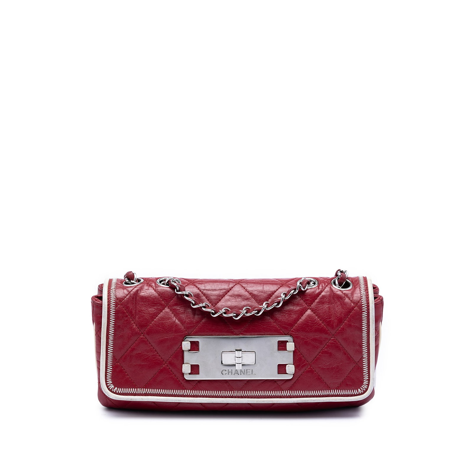 Chanel Reissue 2.55 East West red lambskin flap bag: Chanel Reissue 2.55 East West red lambskin flap bag This Chanel Quilted Aged Lambskin Reissue 2.55 East West Flap bag is crafted from red lambskin leather and features woven chain straps, a front flap