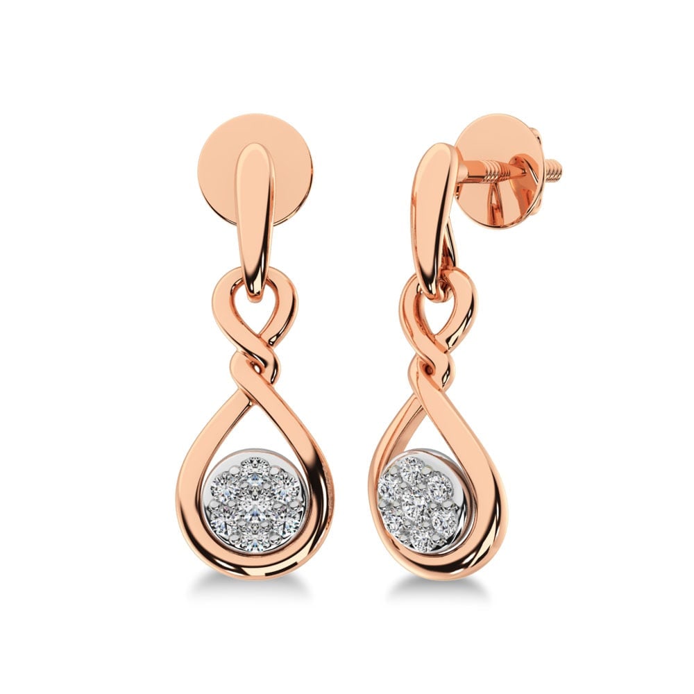 10K Rose Gold 1/4 Ct.Tw. Diamond Danglers Earrings: 10K Rose Gold 1/4 Ct.Tw. Diamond Danglers Earrings These glamorous earrings are available in 10K Rose Gold. There are 14 round diamonds with a total carat weight of 1/4 Ct.Tw. set in a Shared Prong se