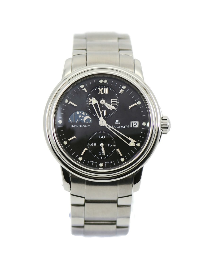 Blancpain Leman Dual Time Stainless Steel Watch Ref 2160: Blancpain Leman Dual Time Stainless Steel Watch Ref 2160 This Blancpain Leman Dual Time Day Night wristwatch features a sophisticated design suitable for both casual and formal occasions. The watch is