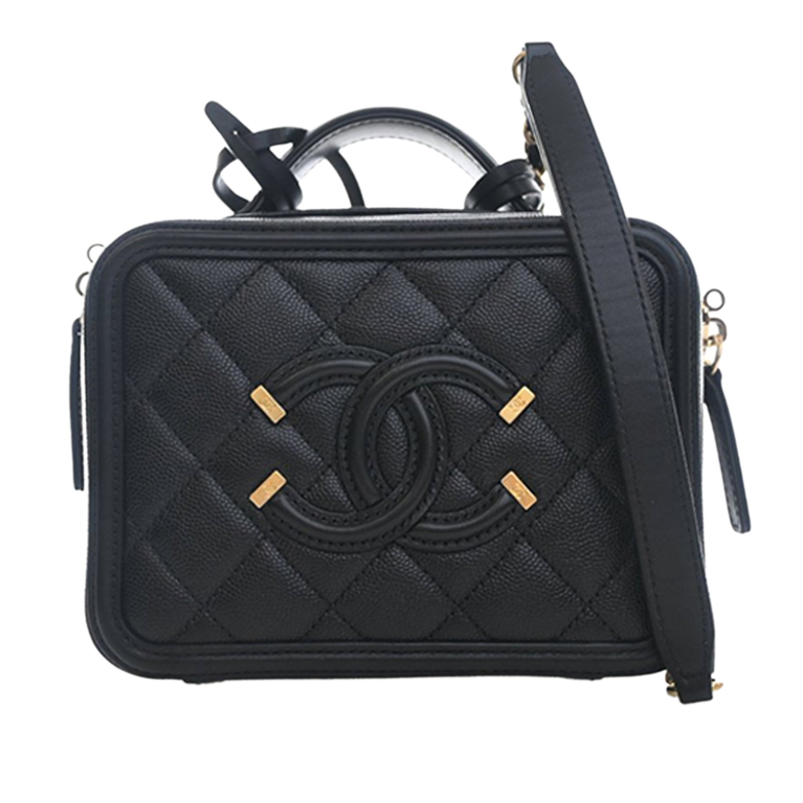 Chanel caviar leather vanity case with chain strap: Chanel caviar leather vanity case with chain strap This Chanel Small Caviar CC Filigree Vanity Case showcases a quilted caviar leather exterior in black, complemented by a flat leather top handle and 