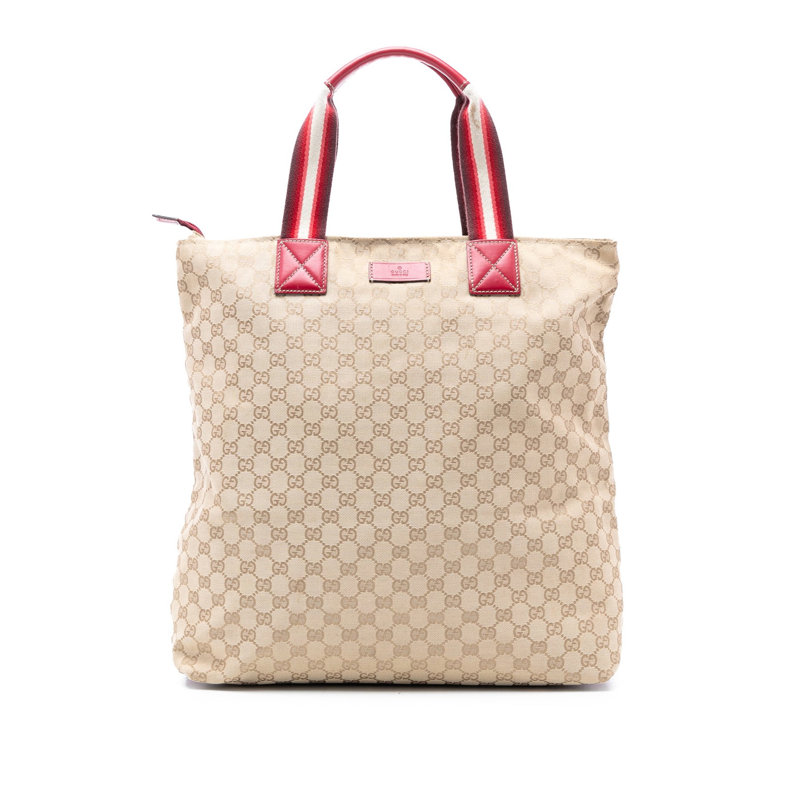 Beige Canvas Gucci Vertical Tote with Leather Trim and Web Handles: Beige Canvas Gucci Vertical Tote with Leather Trim and Web Handles This Gucci GG Canvas Web Tote features a canvas body with leather trim, flat leather handles accented by web strap details, a top zip