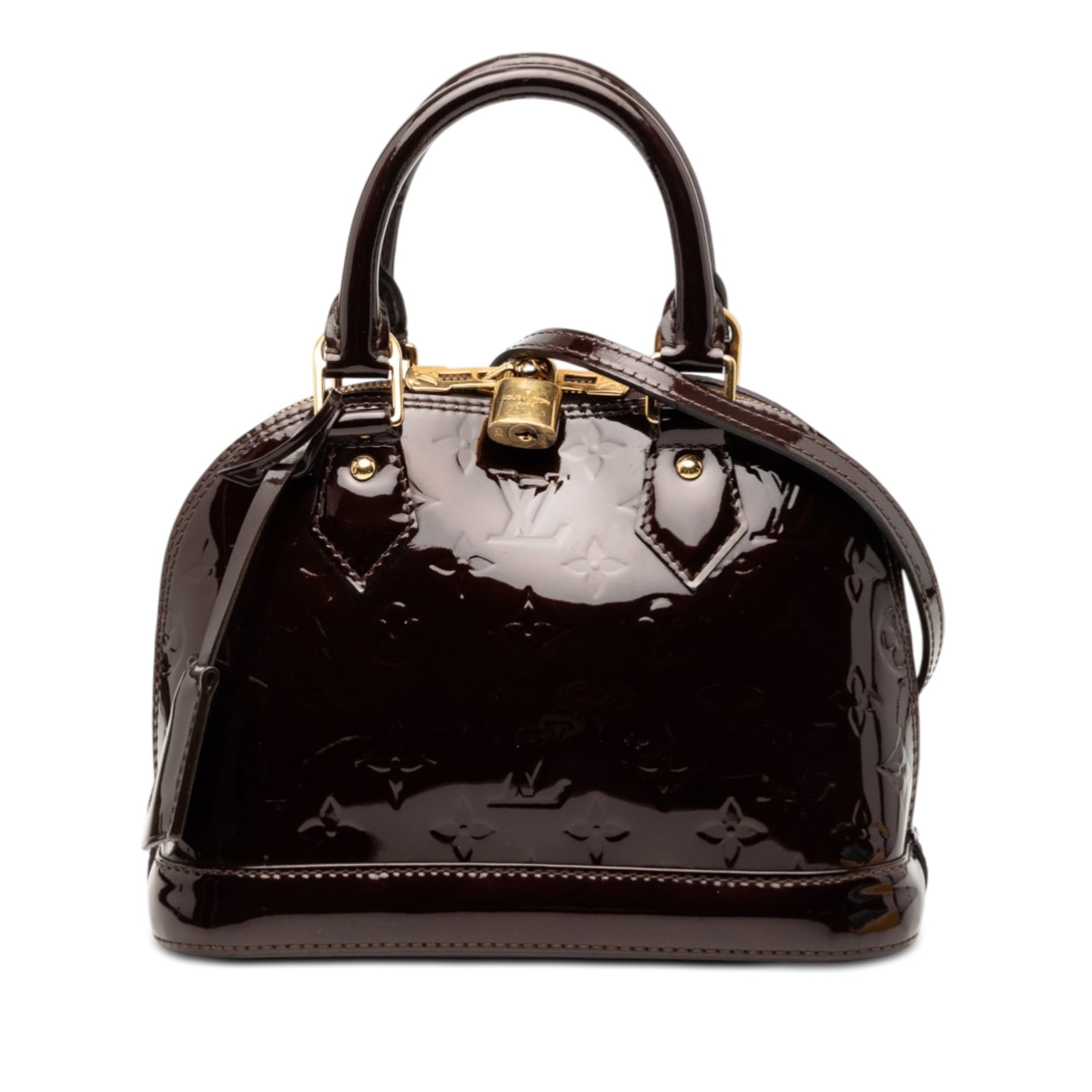 Louis Vuitton Alma BB Purple Vernis Leather Top Handle Bag: Louis Vuitton Alma BB Purple Vernis Leather Top Handle Bag This Louis Vuitton Monogram Vernis Alma BB features a vernis leather exterior in purple with rolled leather handles, a top zip-around closure