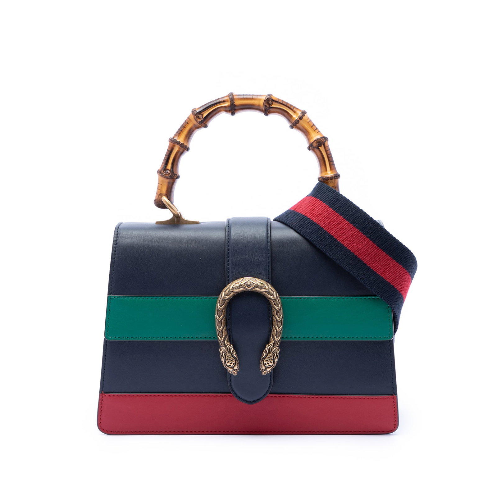 Gucci Dionysus blue leather satchel with bamboo handle: Gucci Dionysus blue leather satchel with bamboo handle This Gucci Medium Leather Bamboo Dionysus Web Satchel features a blue leather body with a distinctive bamboo top handle and a detachable flat str