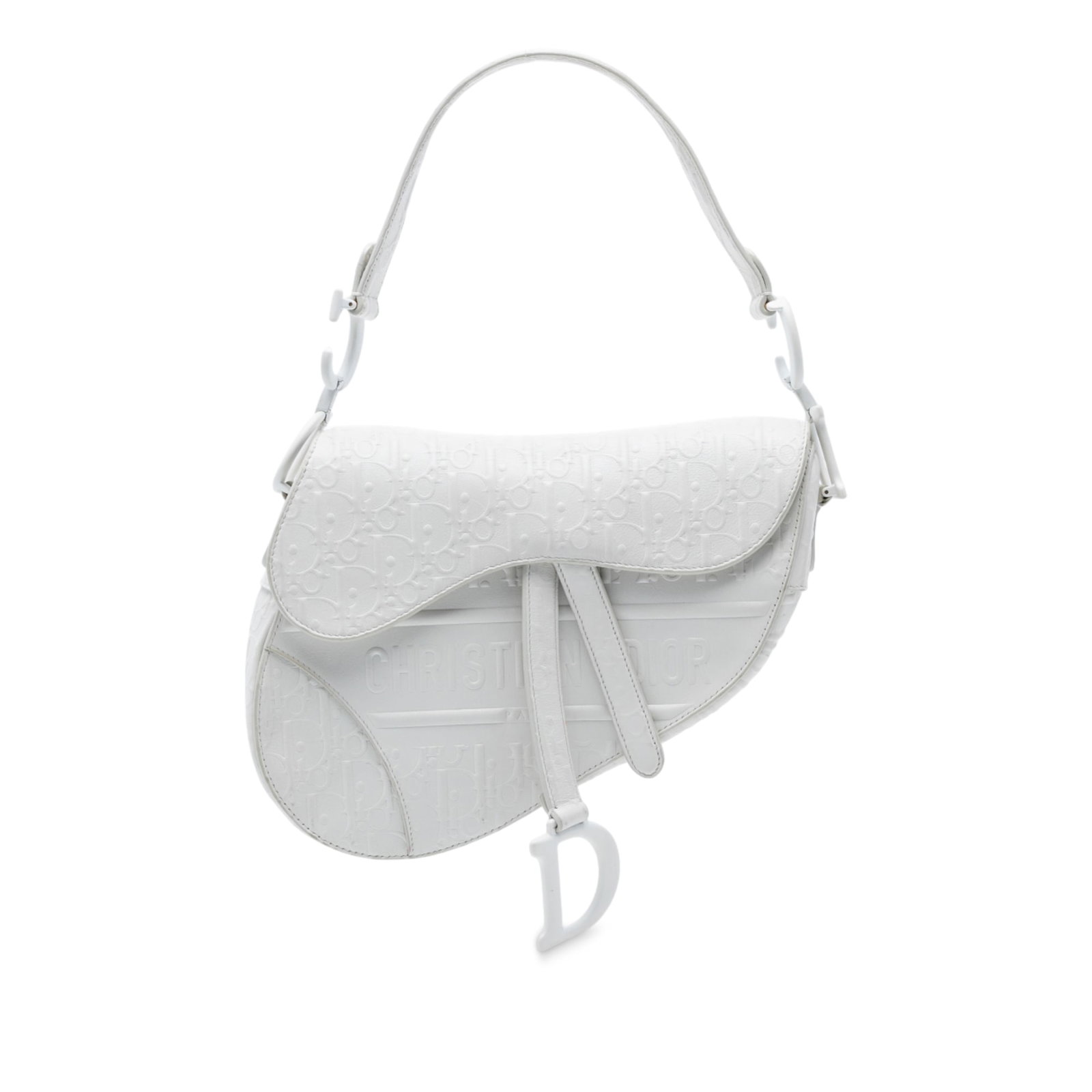 Dior Saddle Bag in White Oblique Embossed Calfskin Leather: Dior Saddle Bag in White Oblique Embossed Calfskin Leather This Dior Oblique Embossed Calfskin Saddle Bag features an embossed leather exterior with a distinctive flap and magnetic snap closure. The b