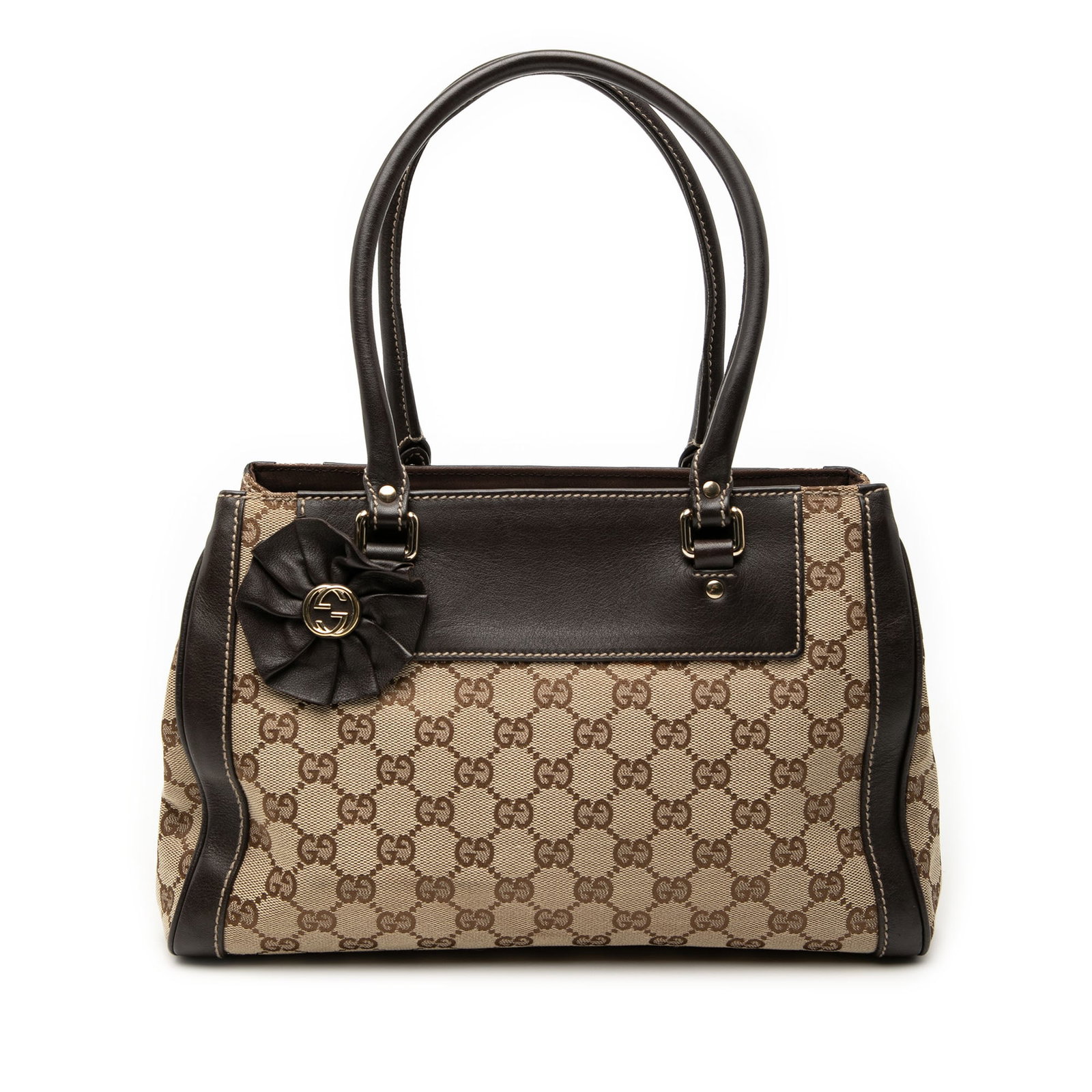 Gucci GG Canvas Trophy Beige Tote Bag with Leather Trim: Gucci GG Canvas Trophy Beige Tote Bag with Leather Trim This Gucci GG Canvas Trophy Tote features a beige canvas body with leather trim, rolled leather straps, an open top, and interior slip pockets. 