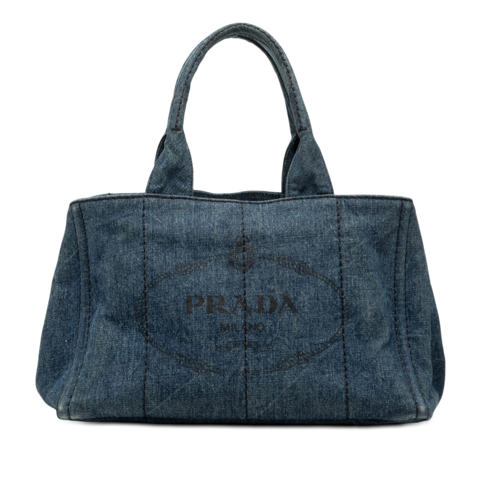 Prada Blue Denim Canapa Logo Handbag Satchel: Prada Blue Denim Canapa Logo Handbag Satchel This Prada Denim Canapa Logo Satchel features a blue denim fabric body with rolled handles, an open top, and interior zip and slip pockets for organization