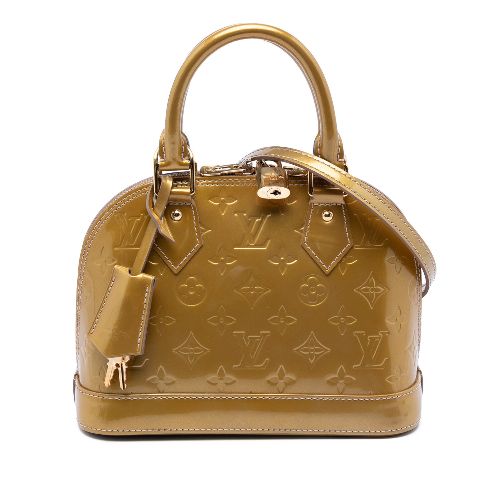 Louis Vuitton Alma BB Vernis Leather Bag: Louis Vuitton Alma BB Vernis Leather Bag This Louis Vuitton Monogram Vernis Alma BB handbag is crafted from metallic vernis leather and features rolled leather handles, a detachable flat leather strap
