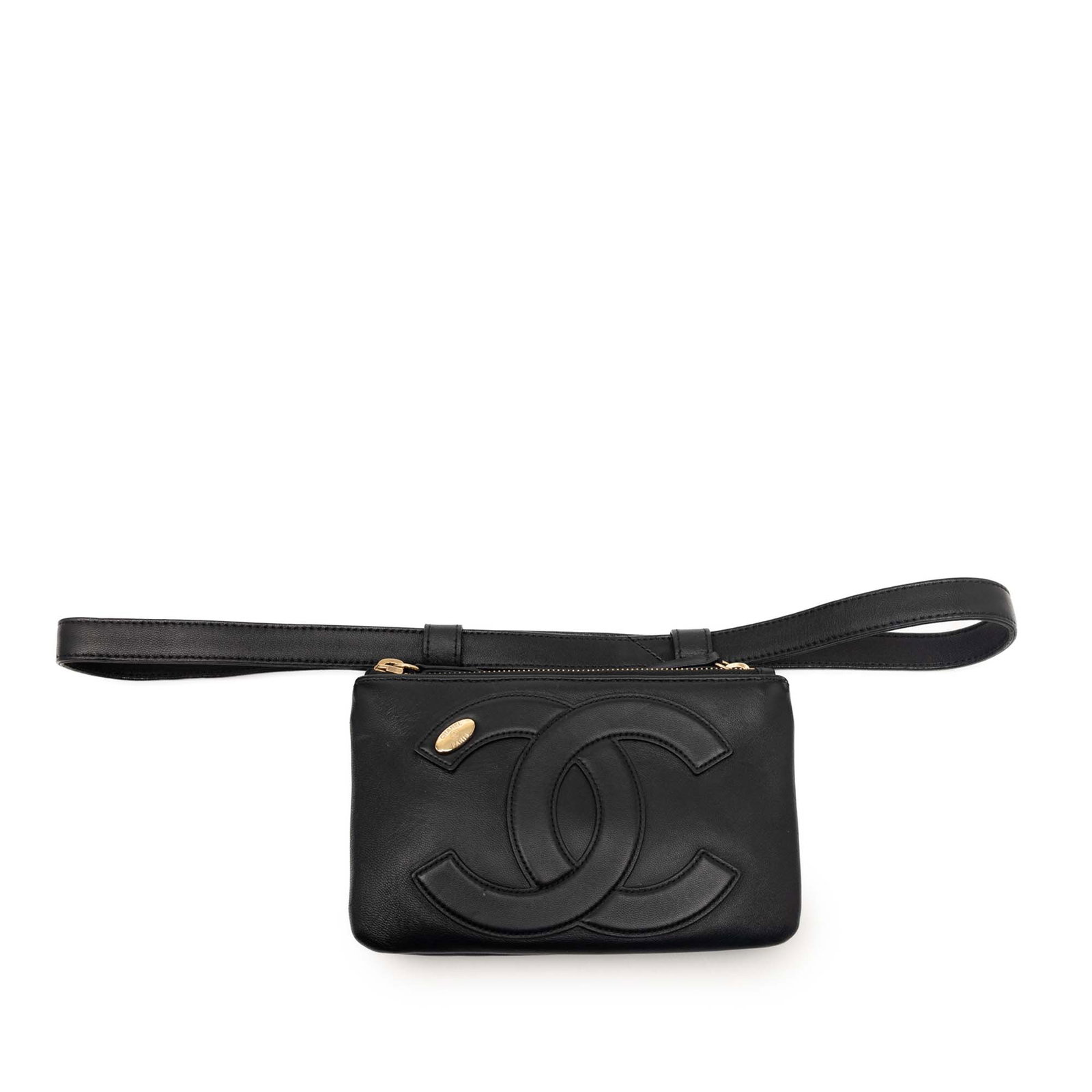 Chanel Mania lambskin belt bag with dual zips: Chanel Mania lambskin belt bag with dual zips This Chanel Lambskin Mania Double Zip Belt Bag is crafted from black lambskin leather and features a detachable and adjustable flat leather waist strap. T