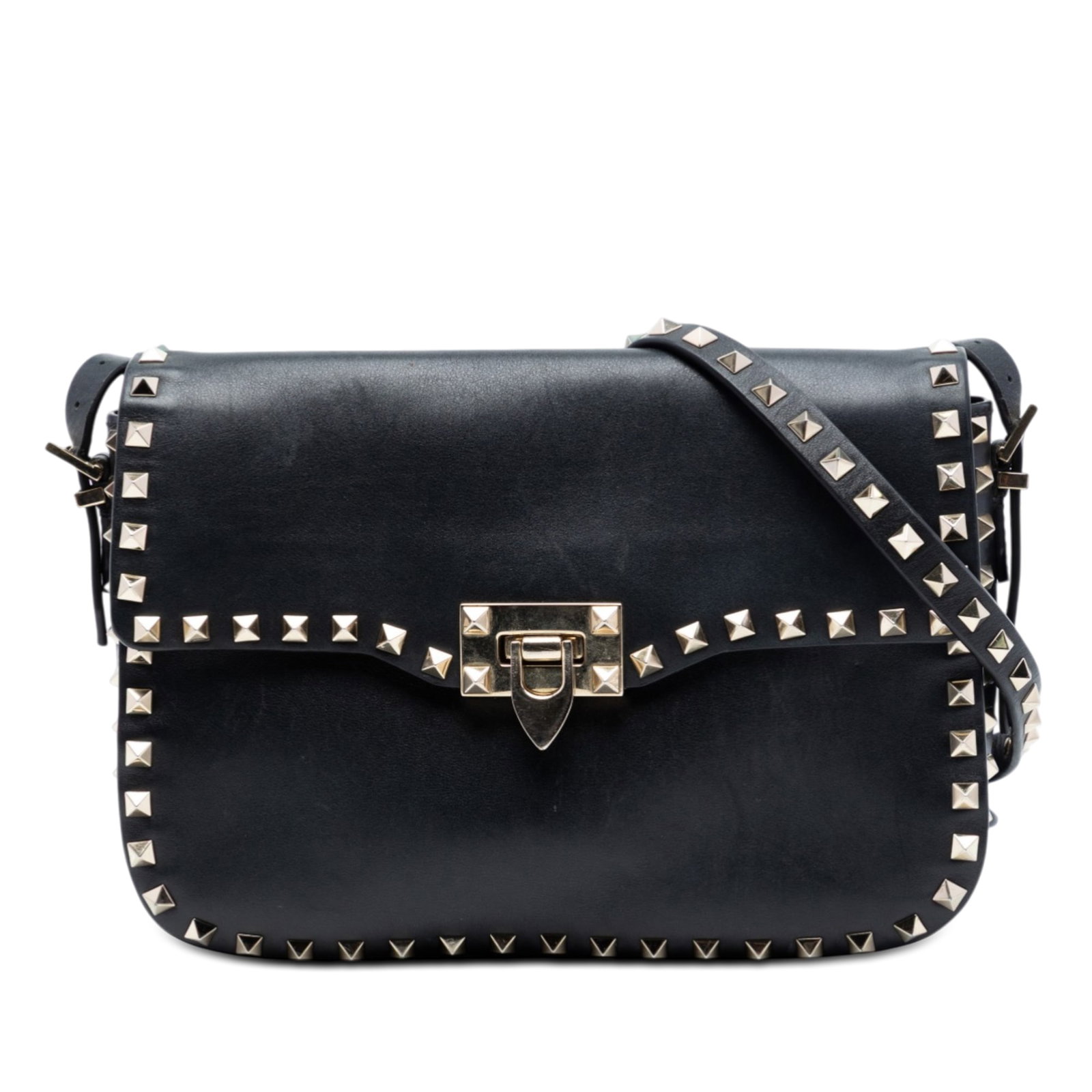 Valentino Rockstud leather flap crossbody bag: Valentino Rockstud leather flap crossbody bag This Valentino Small Leather Rockstud Flap Crossbody bag is crafted from black leather and features signature stud details. It is designed with an adjusta