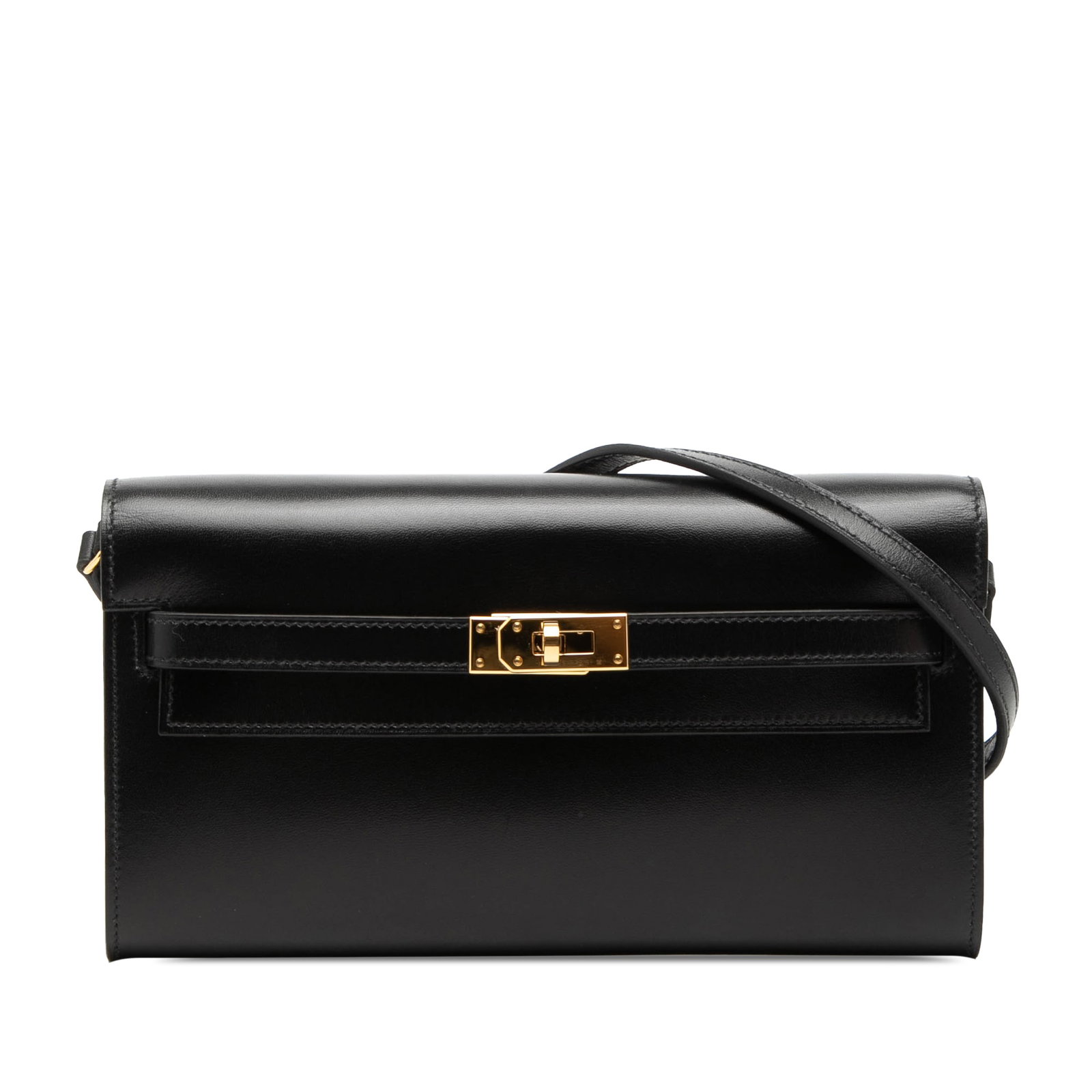Hermes Kelly To Go black leather crossbody wallet: Hermes Kelly To Go black leather crossbody wallet This Hermes Box Calf Kelly To Go Wallet is crafted from Noir box calf leather and features a detachable shoulder strap, a front flap with a turn-lock 