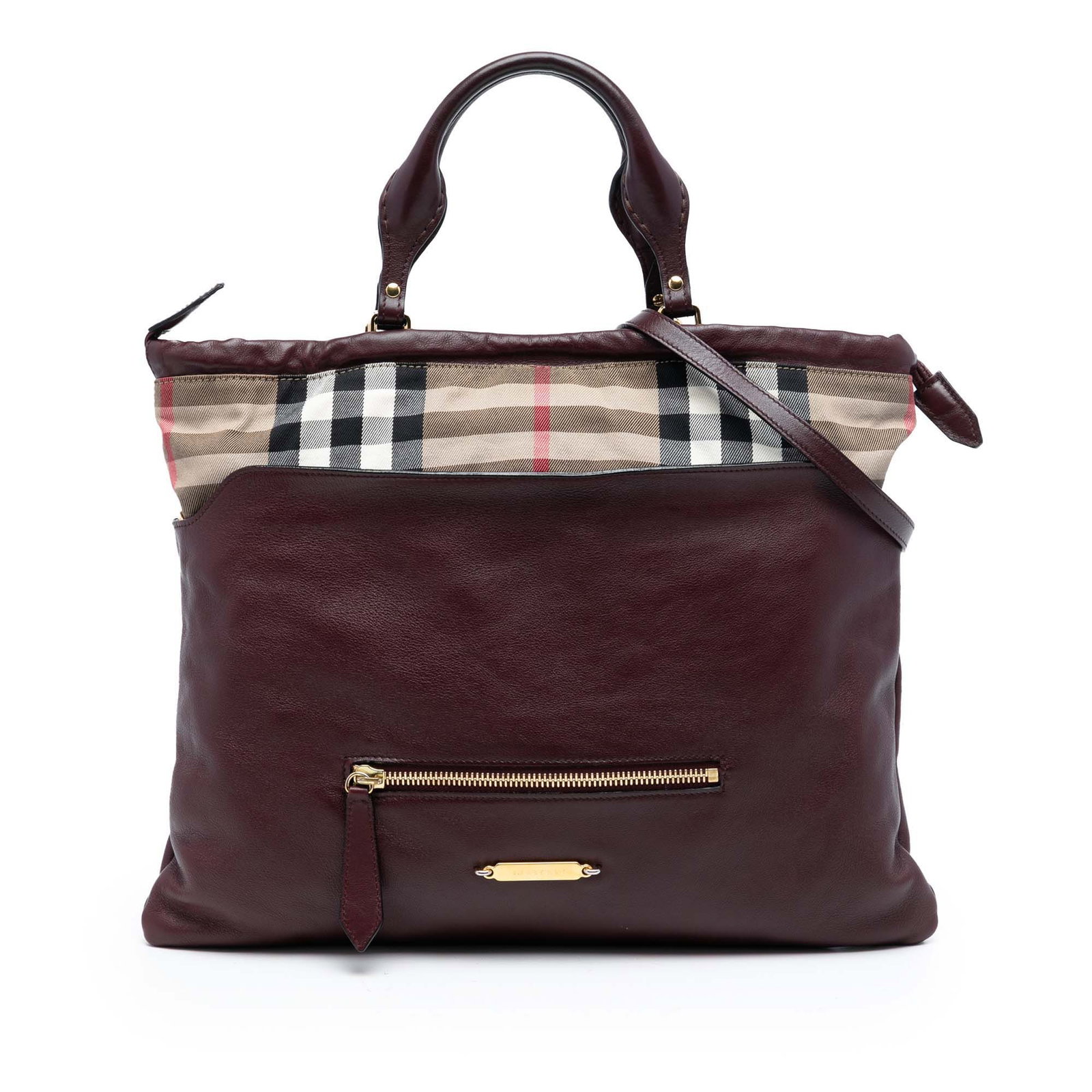 Burberry Big Crush Leather Tote with House Check Trim and Convertible Strap: Burberry Big Crush Leather Tote with House Check Trim and Convertible Strap This Burberry Big Crush Convertible Tote features a stylish leather body with signature canvas trim, rolled leather handles,