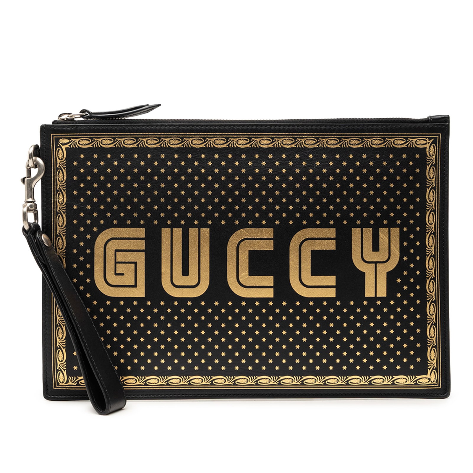 Black Gucci Guccy Sega leather clutch bag: Black Gucci Guccy Sega leather clutch bag This Gucci Leather Guccy Sega Clutch is crafted from black leather and features a top zip closure with interior slip pockets for organization. The bag is made