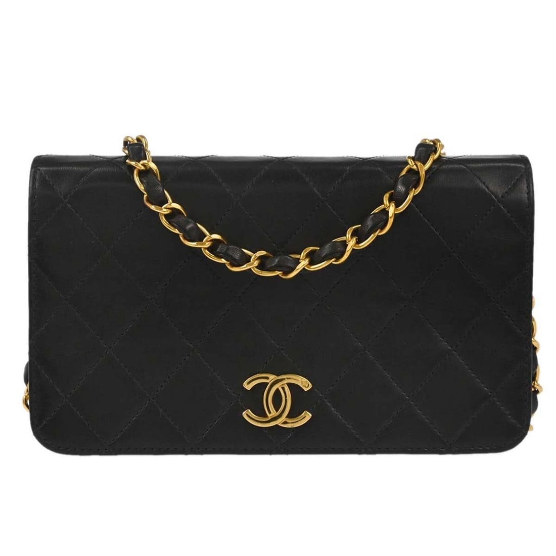 Chanel black lambskin quilted crossbody bag single chain full flap: Chanel black lambskin quilted crossbody bag single chain full flap This Chanel Mini Full Flap Shoulder Bag features a luxurious black lambskin leather exterior with a classic matelasse quilted pattern