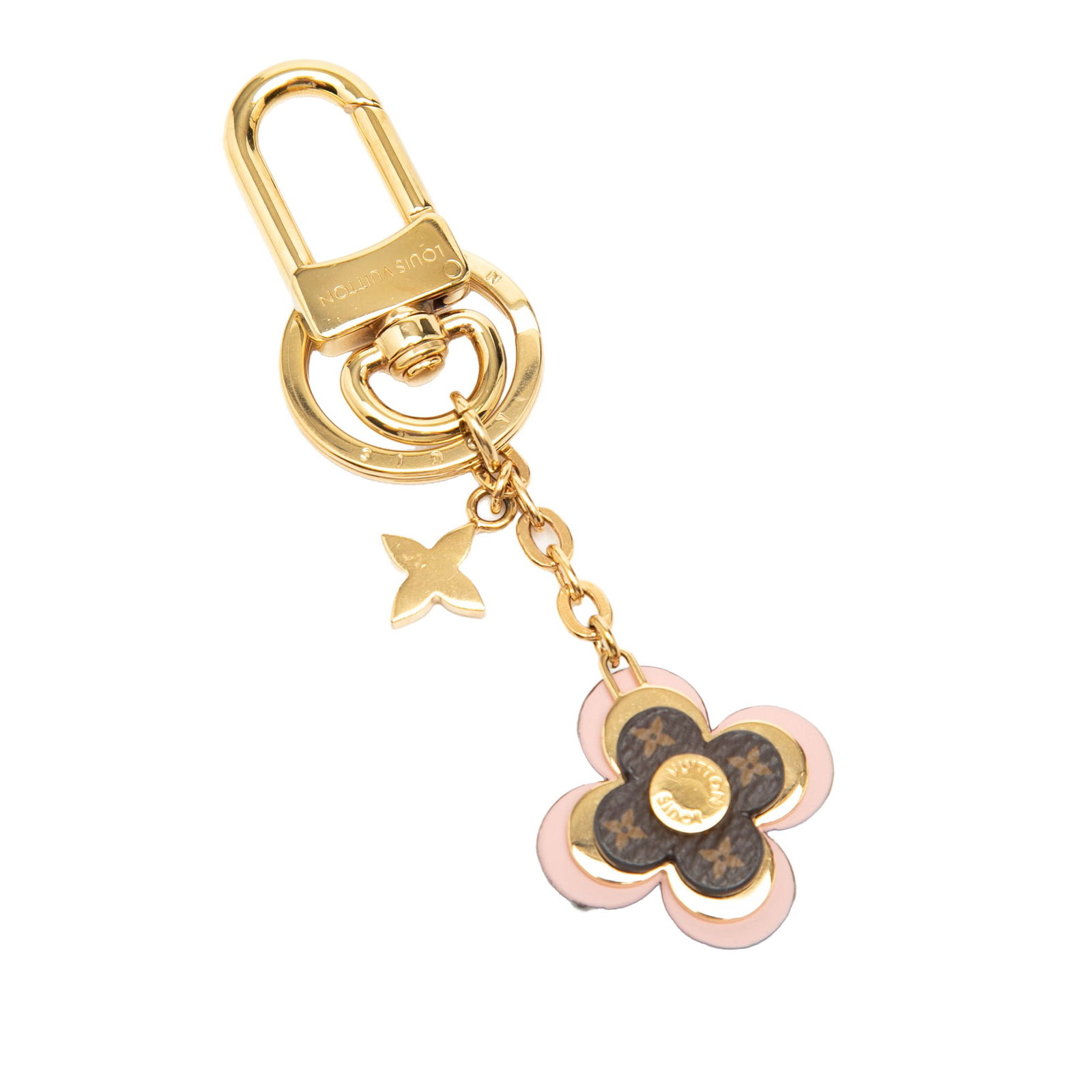 Louis Vuitton Blooming Flowers Gold Plated Key Holder Charm: Louis Vuitton Blooming Flowers Gold Plated Key Holder Charm This Louis Vuitton key chain and bag charm features the iconic monogram and metal flower charms in a gold-plated finish. It is designed with