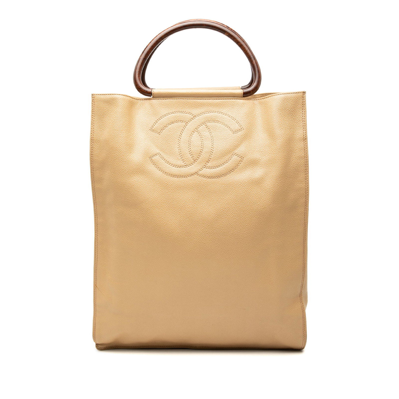 Chanel beige caviar leather tote with wood handles: Chanel beige caviar leather tote with wood handles This Chanel CC Caviar Wood Top Handle Tote Bag is crafted from caviar leather and features distinctive wood top handles. The bag has an open top desi
