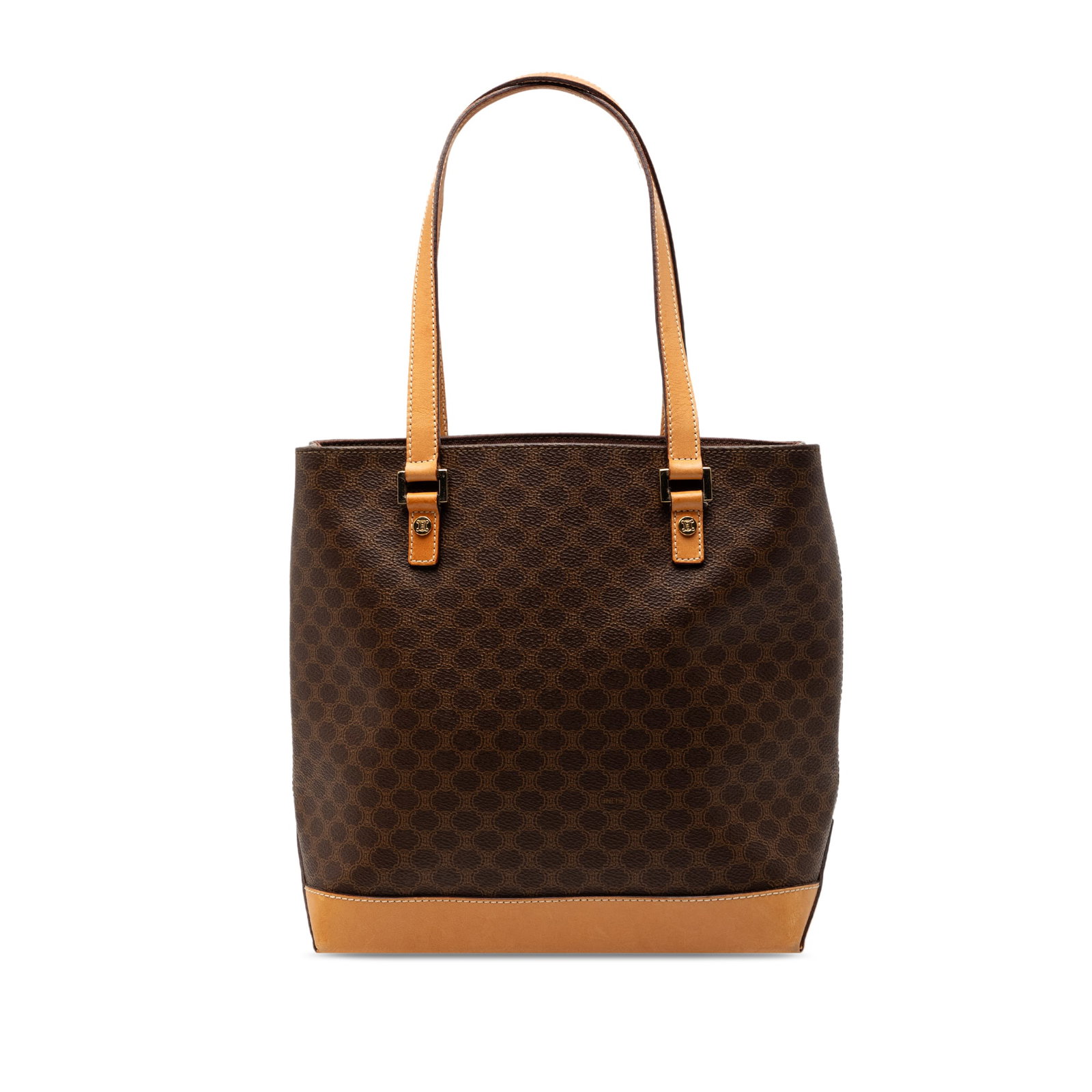 Celine Macadam Brown Coated Canvas Tote Bag with Leather Trim: Celine Macadam Brown Coated Canvas Tote Bag with Leather Trim This Celine Macadam tote bag features a coated canvas exterior with leather trim, flat leather straps, an open top, and an interior zip co